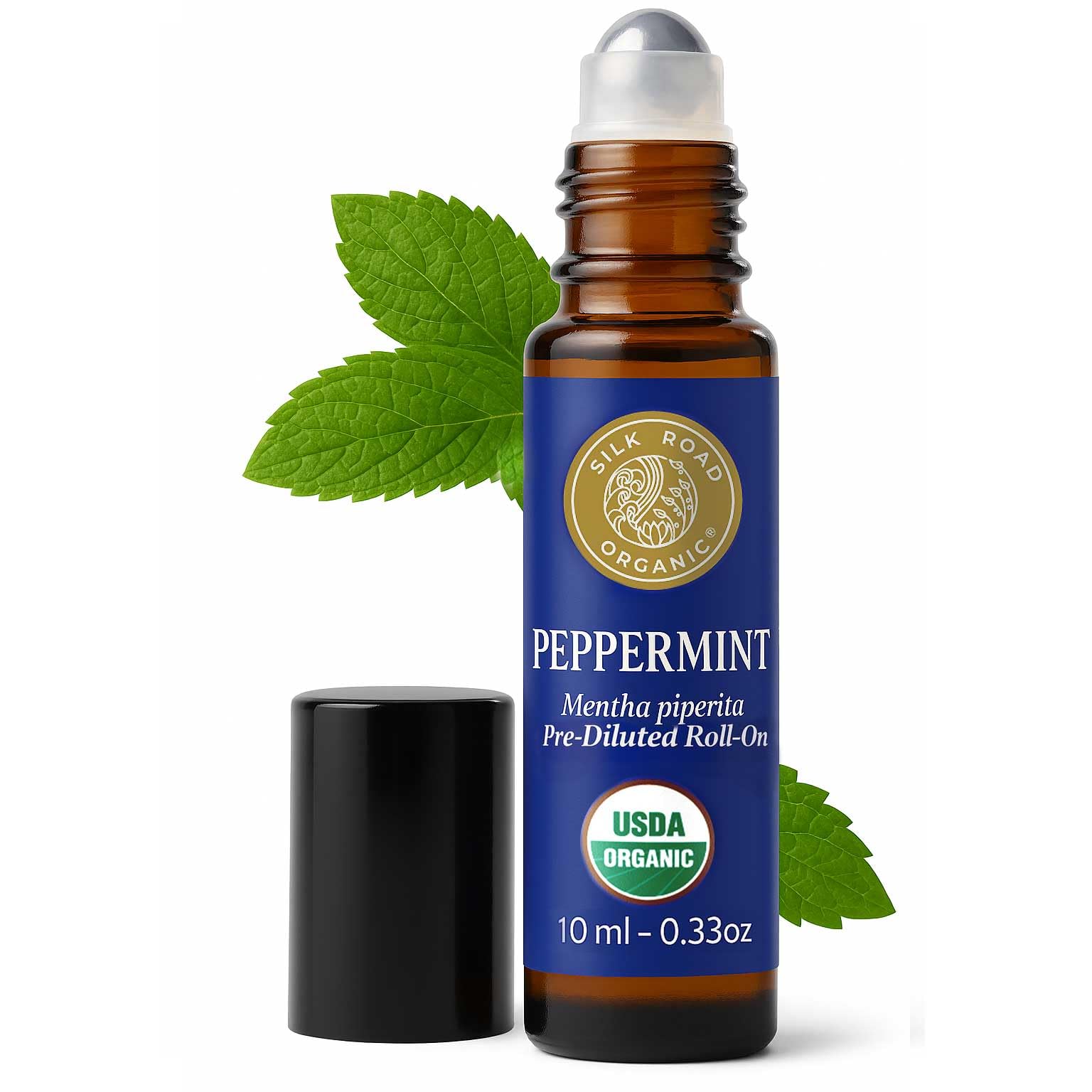 Silk Road Organic Peppermint Essential Oil Roll on for Head Tension, Nausea, Morning Sickness, Energy & Focus – 10ml USDA Certified Aromatherapy Roller - Always Pure, Always Organic