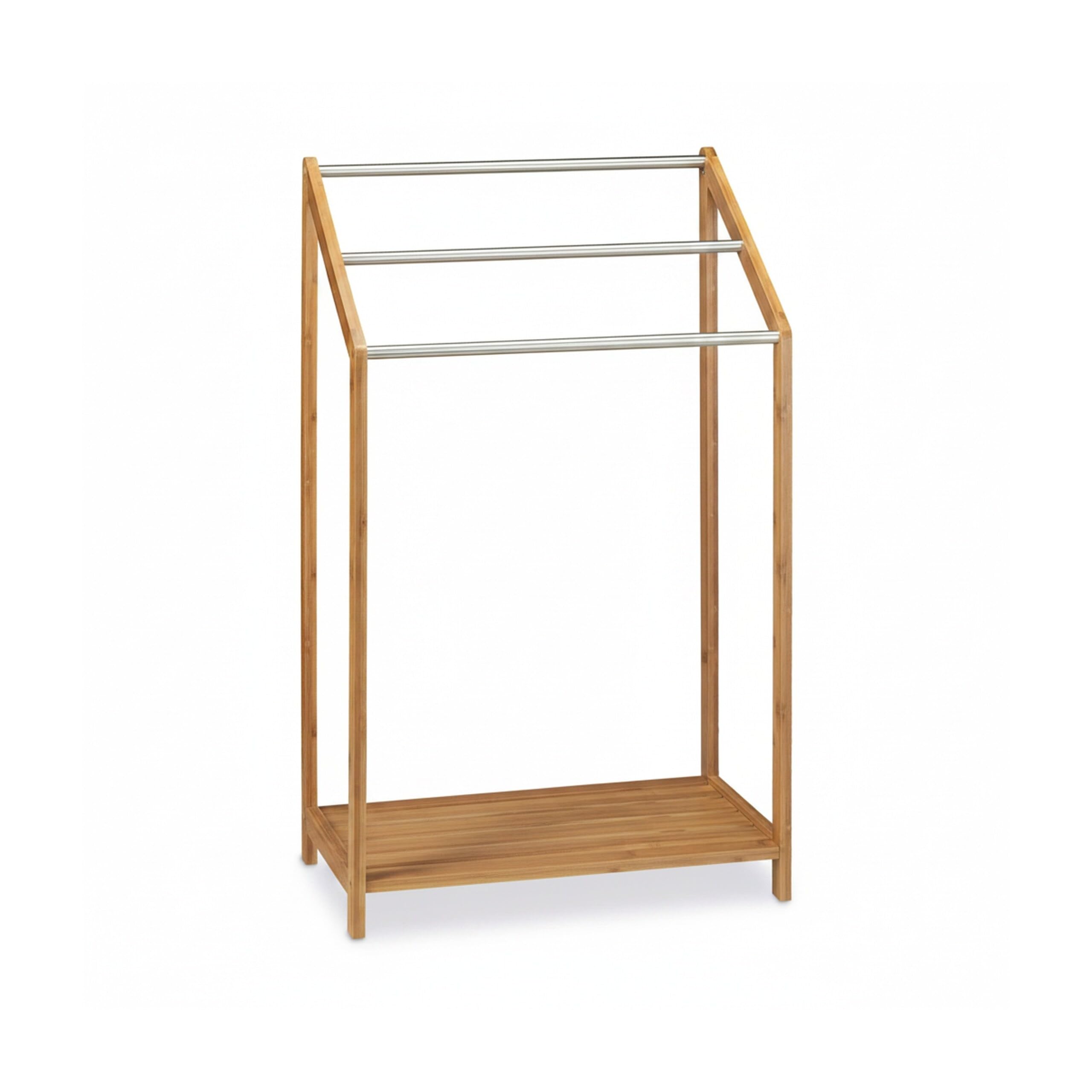 Relaxdays Toallero de Pie Bambú, 3 Barras Metálicas, Soporte Toallas con Balda, Moderno, 85 x 51 x 31 cm, Marrón Natural