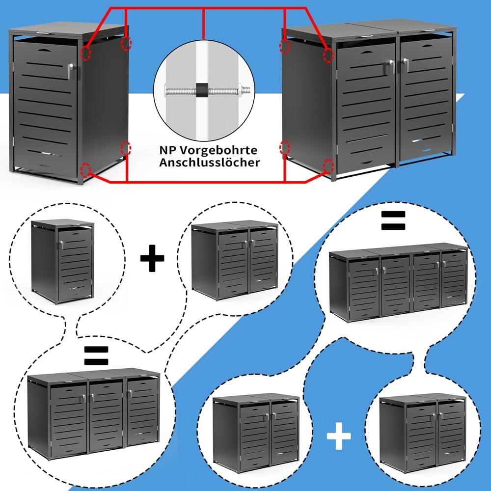 Melko Cache-poubelles anthracite | Extensible à volonté | Revêtement de poubelles pour 4 poubelles | Robuste et durable | Capacité jusqu'à 240 l