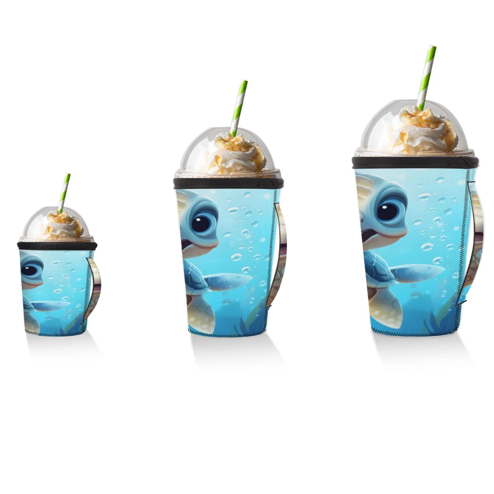 Ocean Cute Turtle Reusable Neoprene Coffee Sleeve with Handle Insulated Iced Coffee Cup Holder Reduces Condensation Fits 24-28 oz Cups M