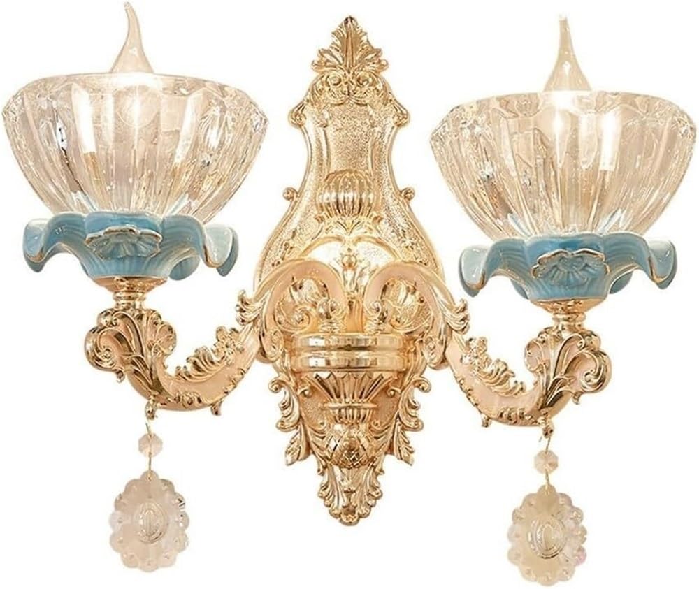 LYOUAE European Style Crystal Wall Light French Gilded Finish Wall Sconce Vintage Elegant Candle Wall Lamp for Bedroom, Living Room for Bedroom Living Room Hallway(2 Lights)