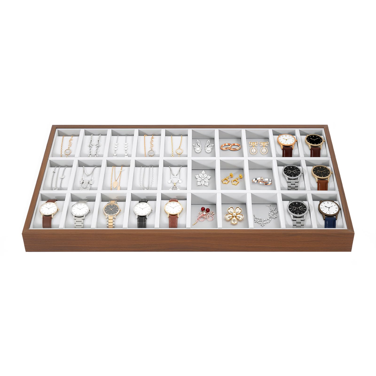 Madelynn Caja para relojes con 30 compartimentos, caja de 53,5 x 29,2 cm, organizador de MDF, caja de reloj con cojín suave, para relojes y joyas, regalo para coleccionistas