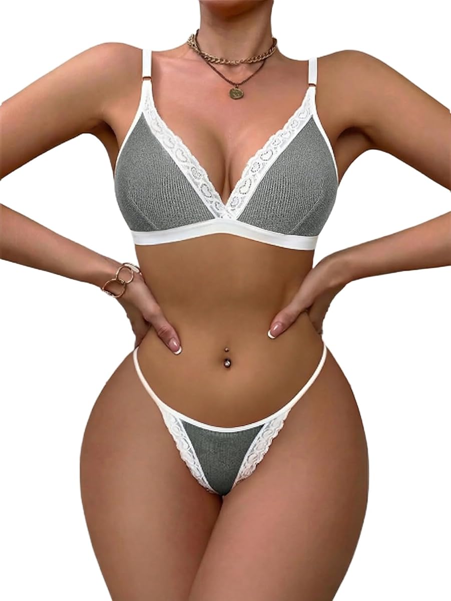 Conjuntos de lencería para mujer sexy sujetador acanalado y pany conjunto con ribete de encaje 2 piezas bralettes trajes de lencería