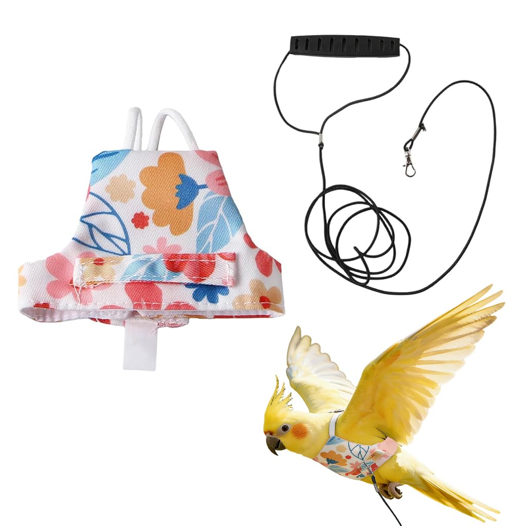 Qpets® Parrot Harness Floral Bird Harness, Adjustable Bird Harness Leash, 51'' Elastic Cord, Hook and Loop Closure, Non-Escape Shoulder Strap, Bird Flying Clothing for Macaws Sparrow and Parakeet, M-picture-11