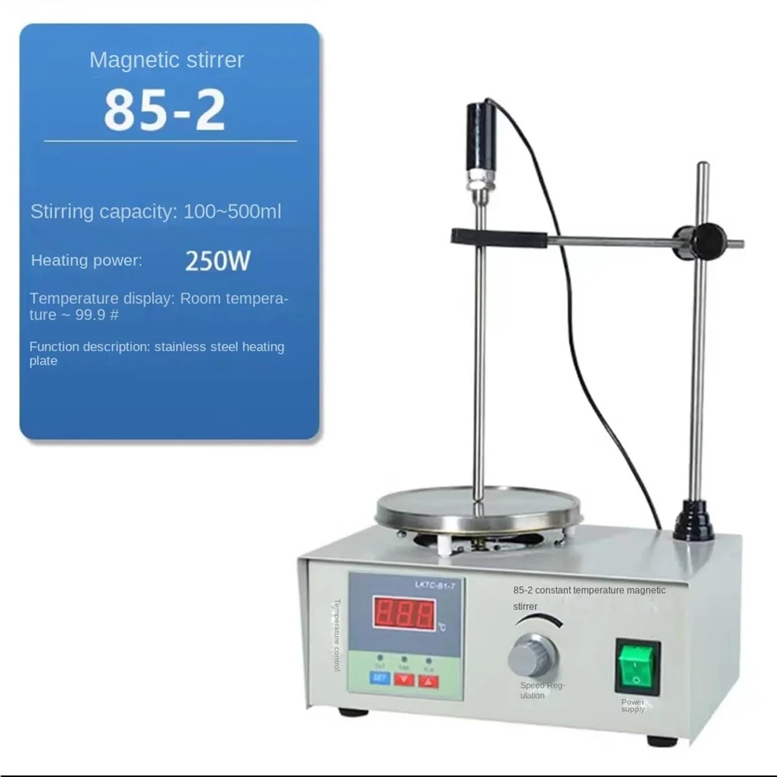 Agitador magnético, Agitador magnético calefactor con placa calefactora y barra agitadora, 0-2000 R/min, mezclador, kit de destilación, equipo laboratorio química
