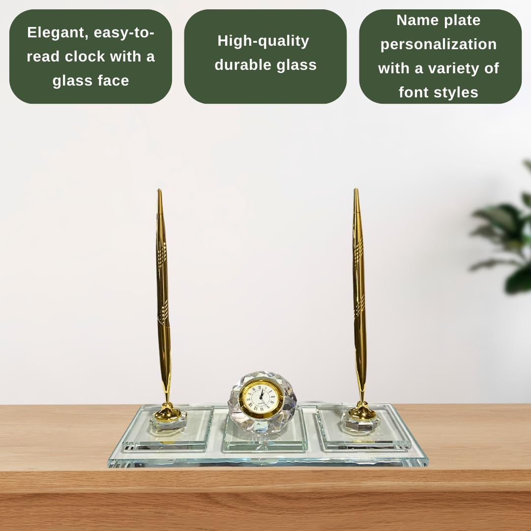 MOOGCO Benutzerdefiniertes Namensschild für den Schreibtisch: schwarzes Glas-Namensschild mit Uhr, Stifthalter mit 2 Stiften, Kartenhalter – Desktop, Schreibtisch (Schwarzes Doppelbett mit Uhr)