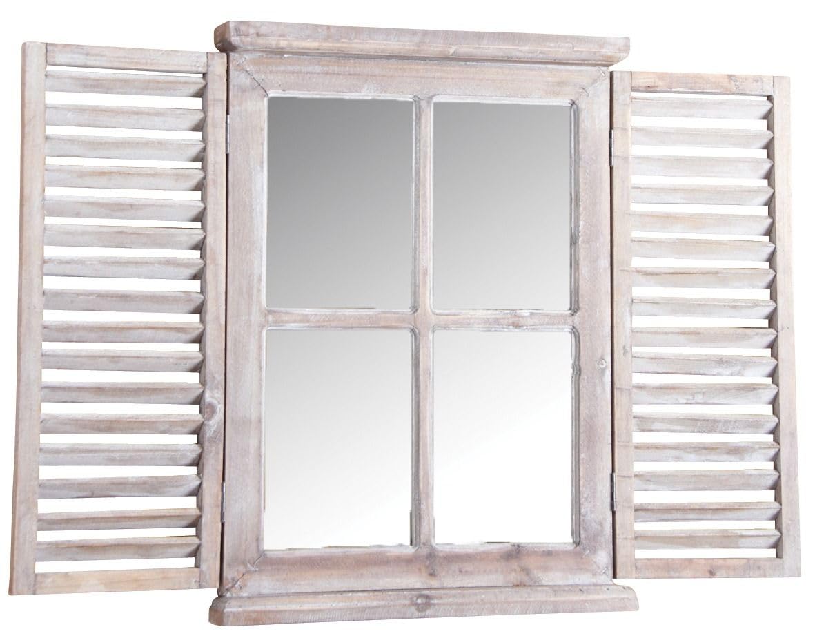 AUBRY GASPARD - Fenêtre Miroir Bois Teinté - Finition Blanchie Vieillie - Volets Mobiles Blanc - 76 x 6 x 57.5 cm - Verre Haute Qualité - Élément Décoratif Intérieur Maison