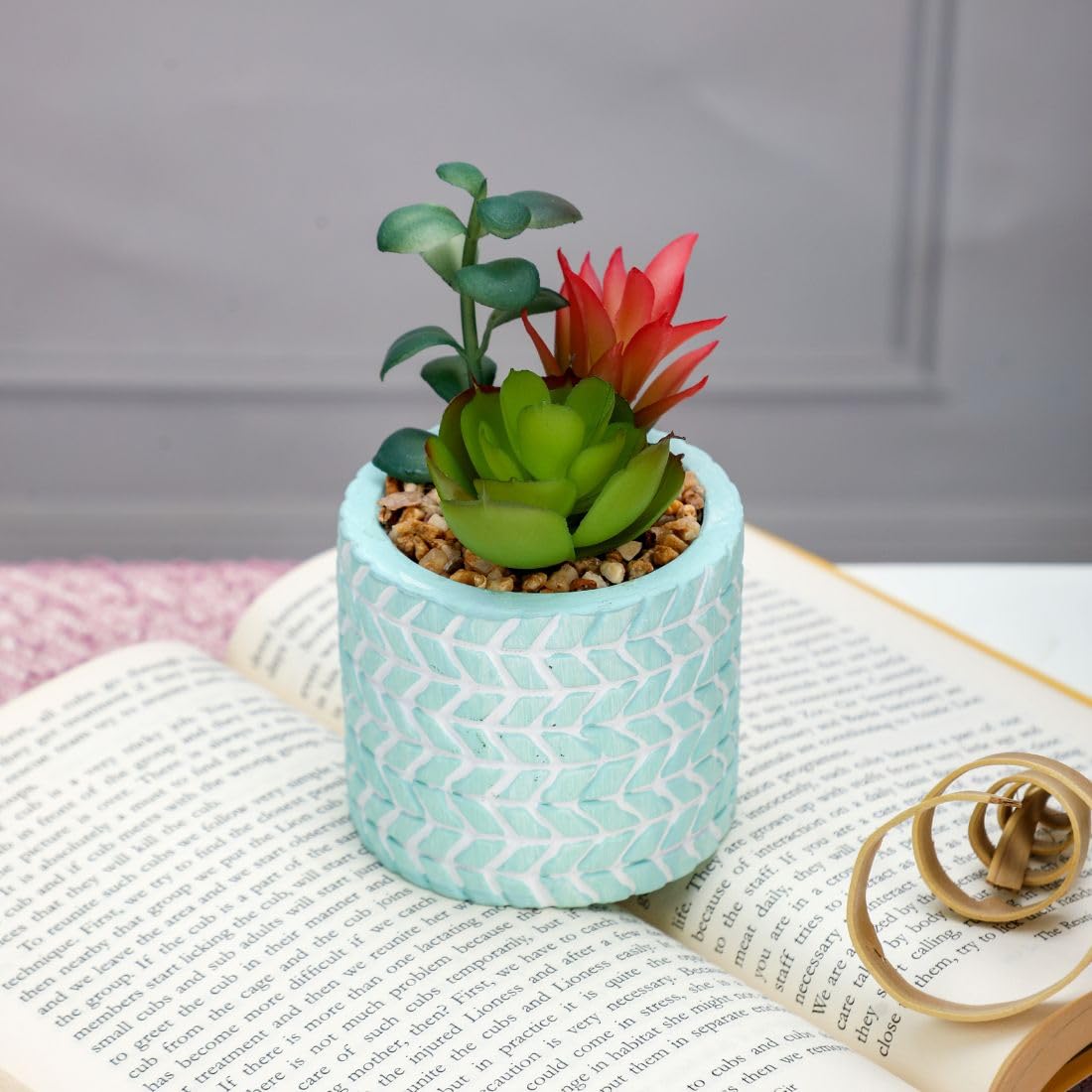 SATYAM KRAFT 1 Pcs Small Ceramic Miniature Artificial Flower Potted Flower for Home & Office Décor | Small Artificial Flower Succulent for Living Room,Window Ledge, Kitchen,Bedroom, Wedding (Sky)-image-5