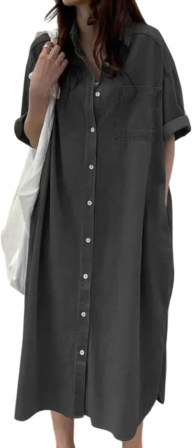 Women's Short Sleeve Long Denim Shirt Dress Summer Casual Loose Jean Dress for Women
