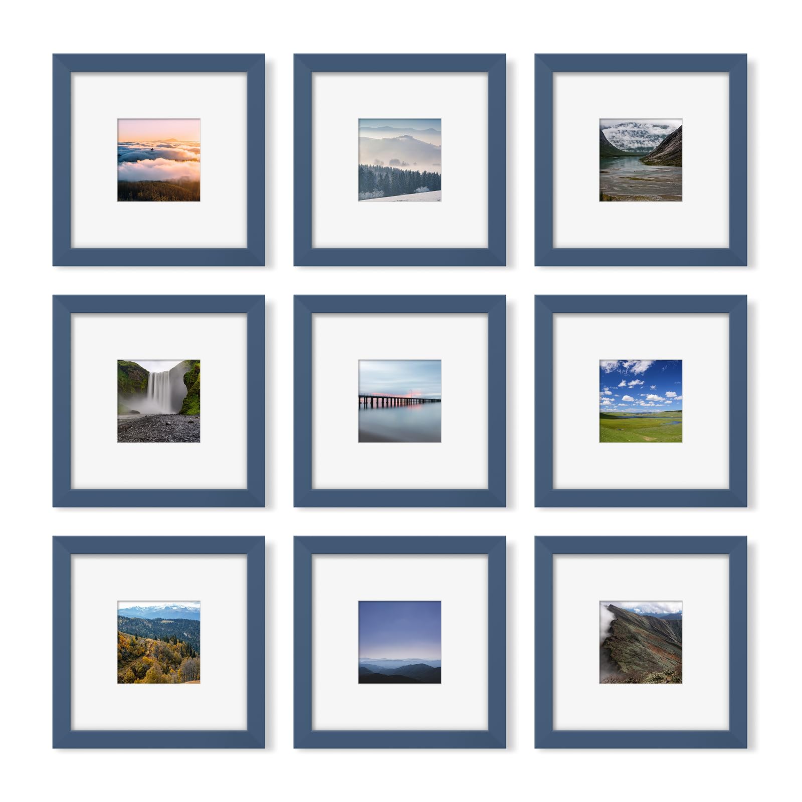 8x8 Picture Frame Set of 9, Photo Gallery Wall Frame Set, Display Pictures 4x4 with Mat or 8 x 8 Without Mat, Square Frame Picture Frames Collage Wall Decor, Blue