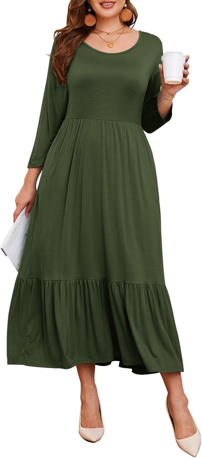 LARACE 3/4 Sleeve Dresses for Women Plus Size Casual Long Maxi Fall Winter Dress with Pockets