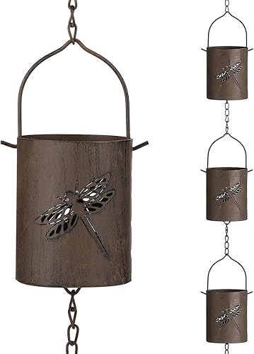 Cañones de lluvia de 8.5 pies y cadenas de lluvia de libélula, cadena de lluvia vintage para canaletas, canaletas de bajante, funcional y