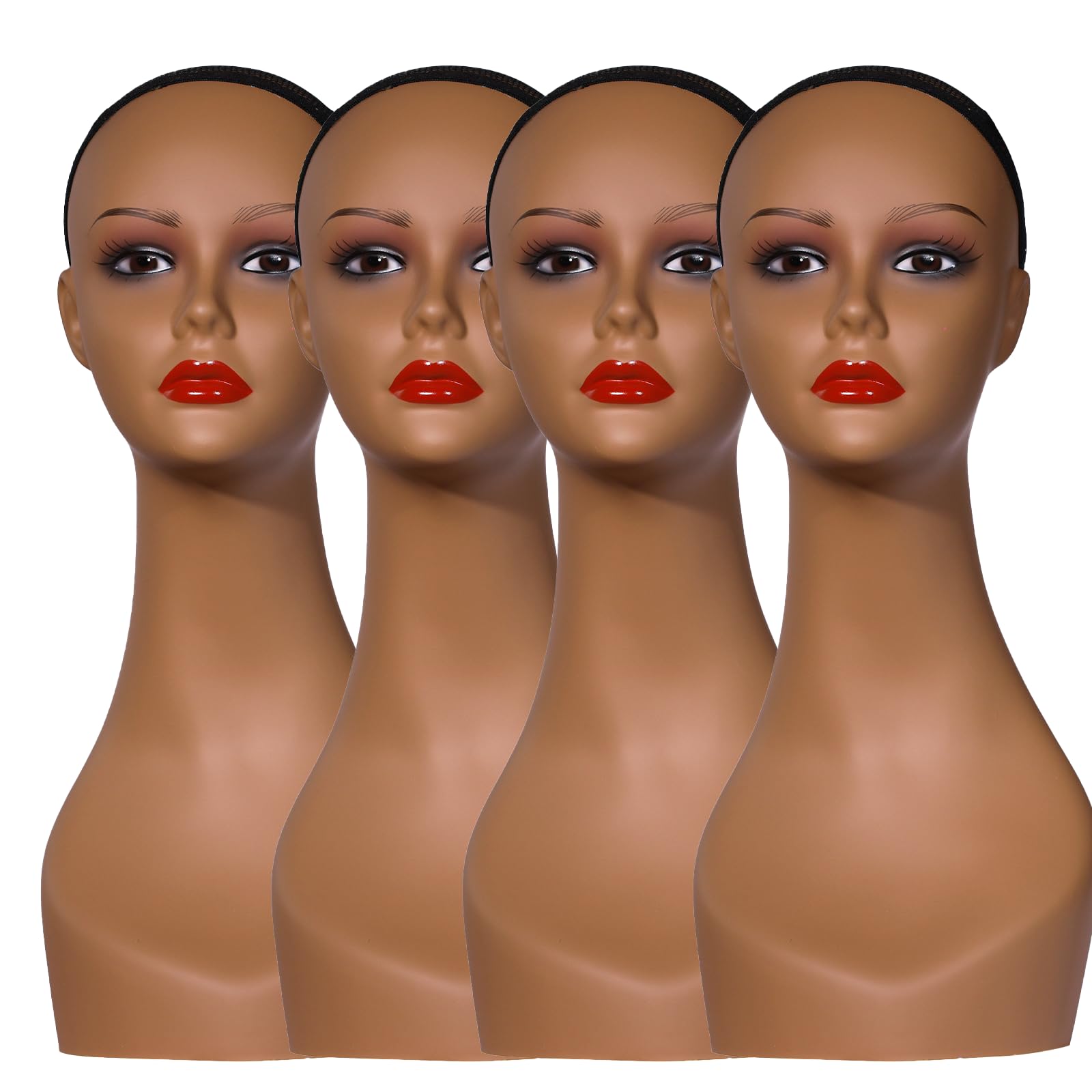 J&F CO. 4PCS Mannequin Heads for Wigs, 18" Lifelike Tan Plastic Manikin Display Heads for Sunglasses, Earrings, Jewelry Display, Beauty Accessories,