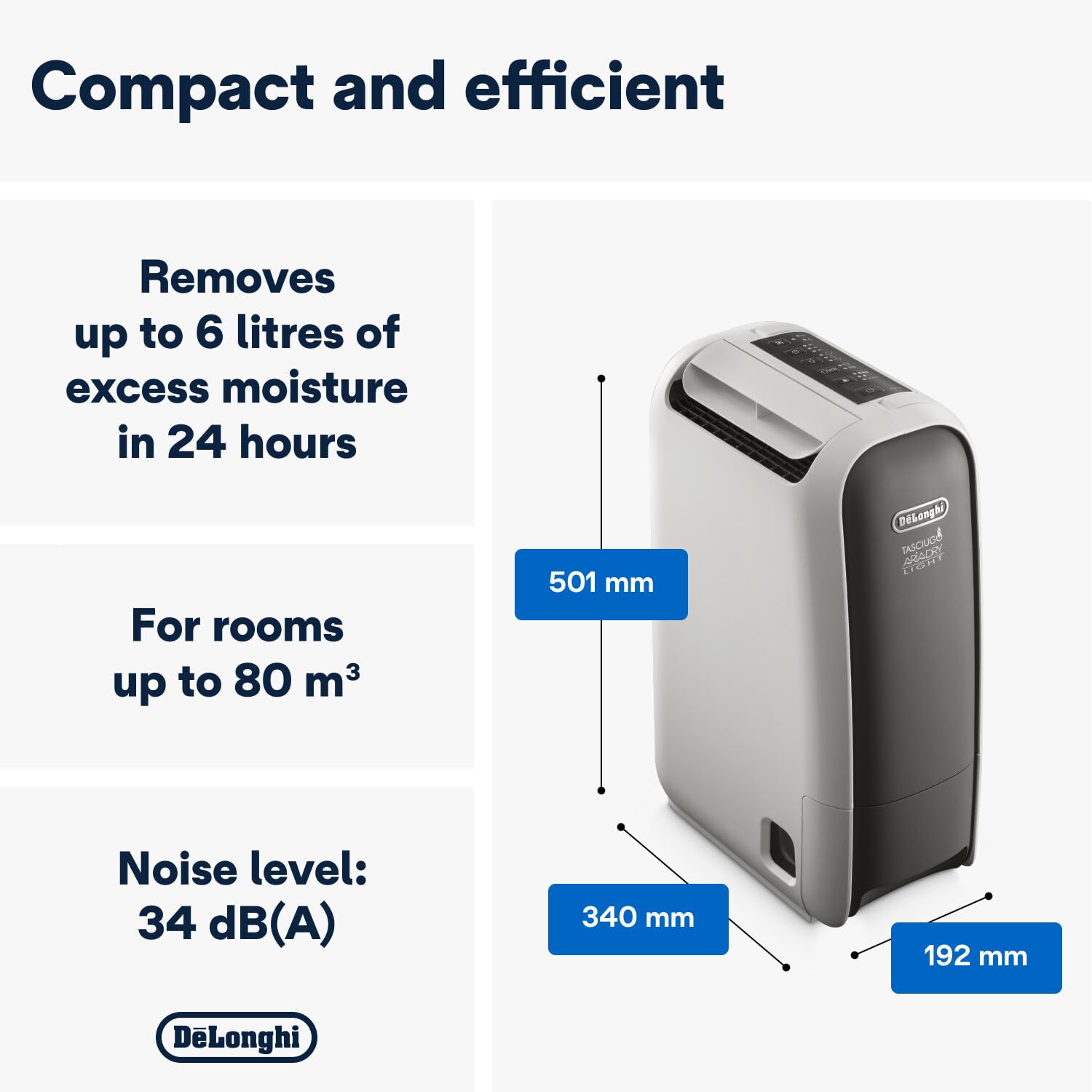 De'Longhi Tasciugo AriaDry Light DNS65, Déshumidificateur d'Air Maison, Enlève 6 litrów par Jour, Laundry Fonction, timer 8h, technologia Zéolithes, 34 decibels, 520 W, szary