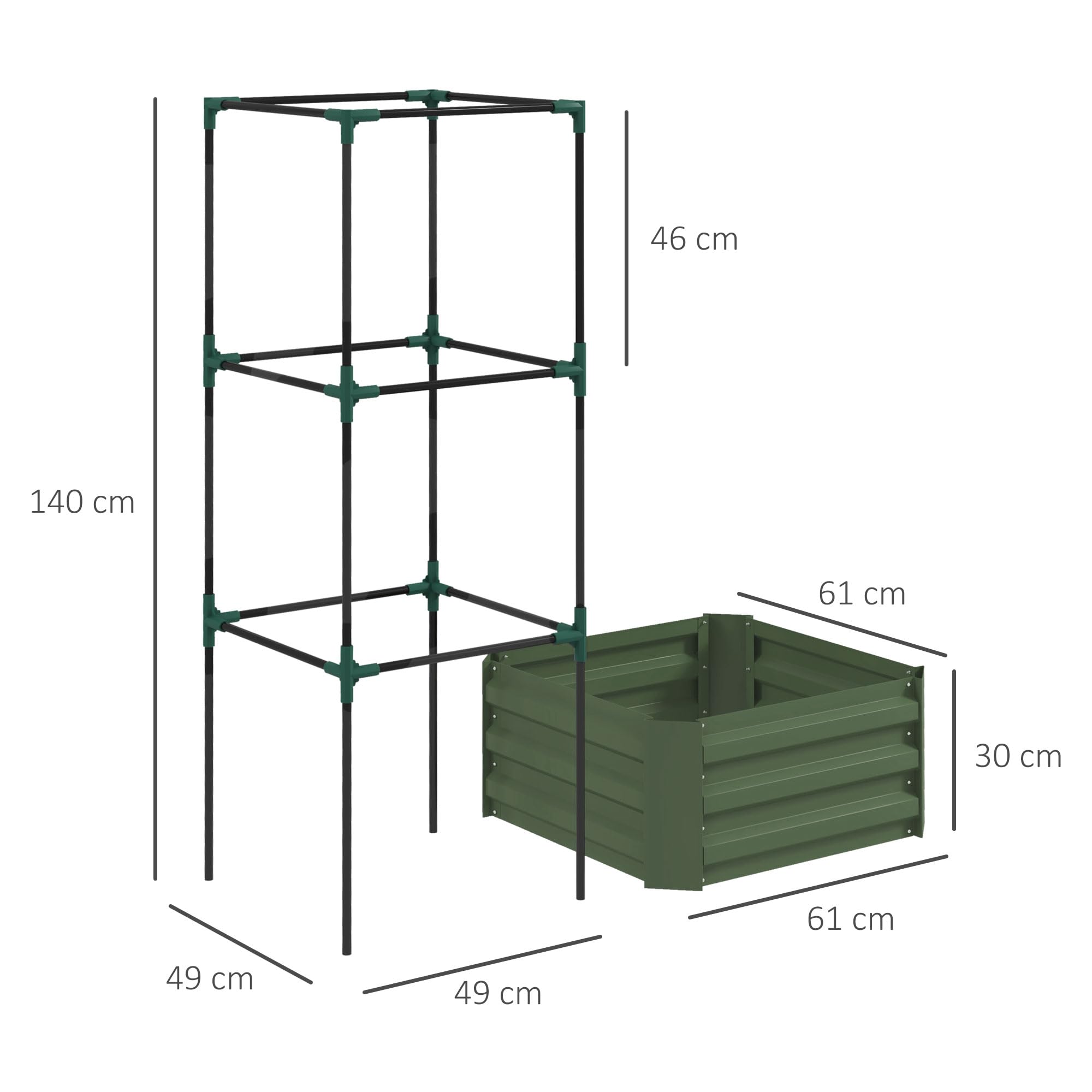Outsunny Jardinera Exterior Grande de Acero Galvanizado Jardinera de Exterior con Celosía para Plantas Trepadoras y Fondo Abierto para Patio Terraza Balcón 61x61x140 cm Verde