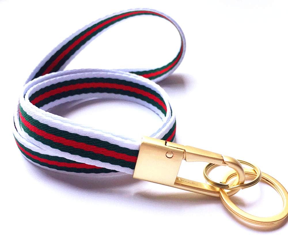 Stripe Fabric Neck Lanyard Key Chain (with 2 Key Rings), Luxury Golden Heavy Duty Metal Car Keychain with Soft Stripe Fabric Lanyard for Man and Women (White/Green/Red)