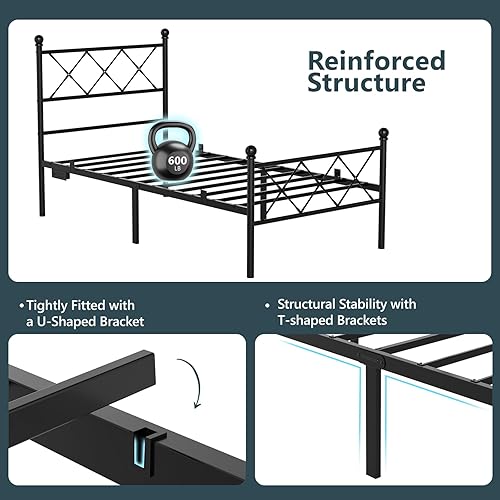 Miniatura 7 de VINGLI Base de cama de metal de tamaño individual con iluminación LED inteligente y estación de carga integrada, plataforma resistente con soporte