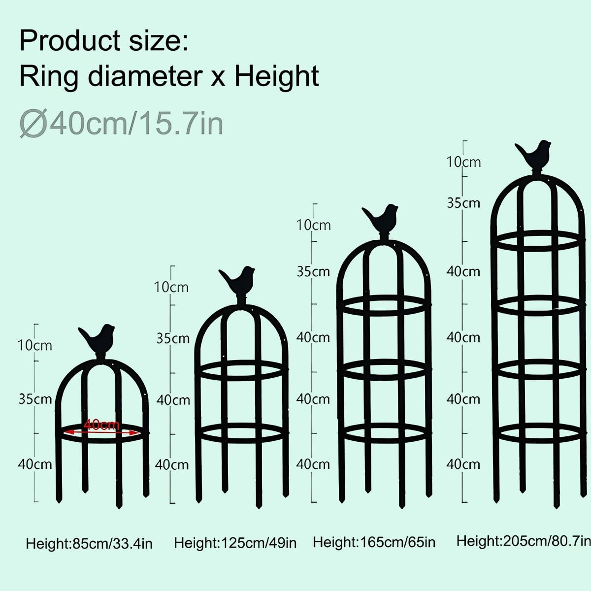 Rankhilfe für Rosen, Kletterpflanzen 65 115 165 205cm Obelisk Rankgitter Metall Rostfrei Rankturm für Topfpflanzen, Tomaten, Gurken, Clematis, Rose, Rosenbogen Witterungsbeständig(Schwarz,40x205cm)