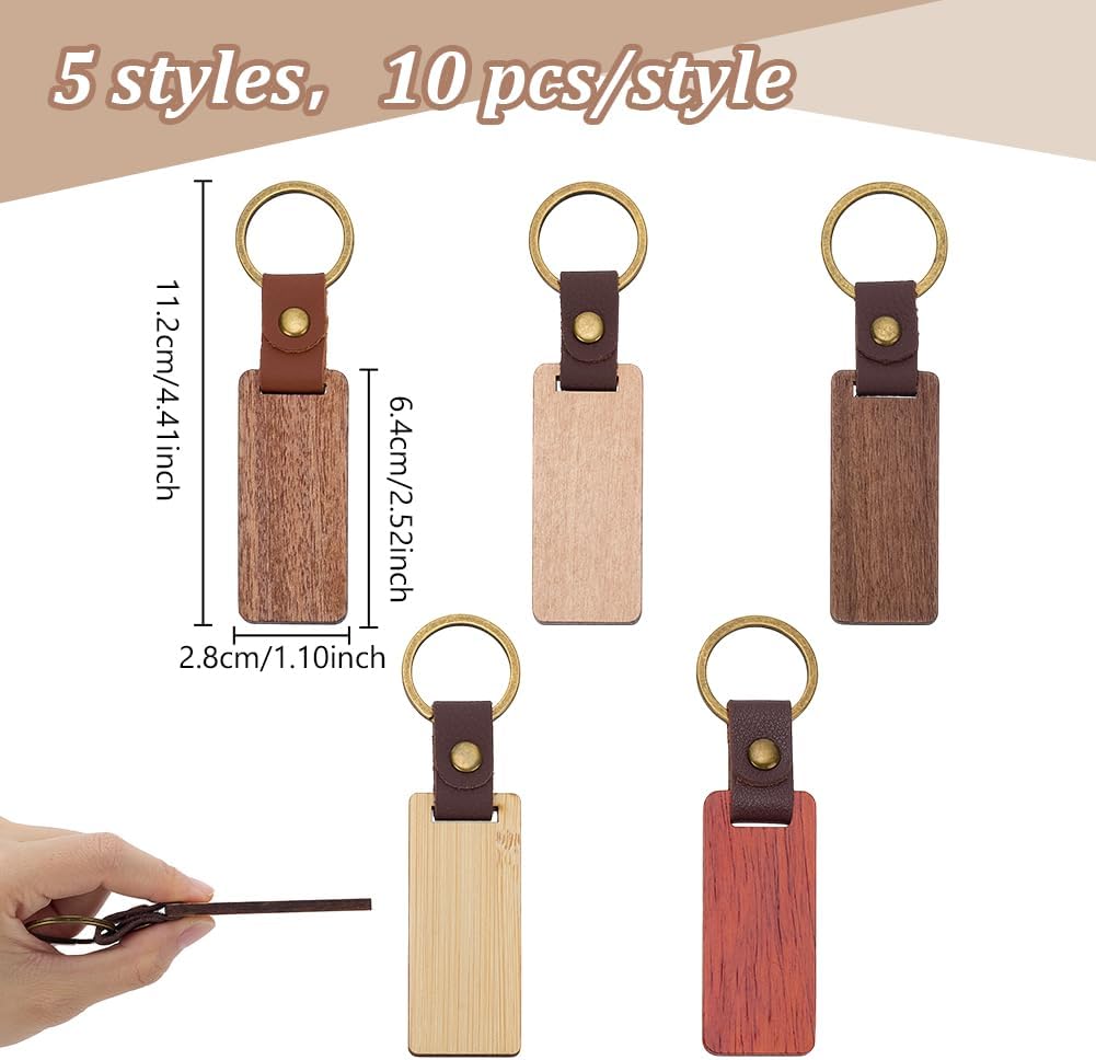 50 PCS Leather Wood Keychain Blanks 5 Colors Unfinished Wooden Keychains Rectangular Shape Wood Keychains Blanks for Engraving DIY Crafts Personalized Gifts - Image 2