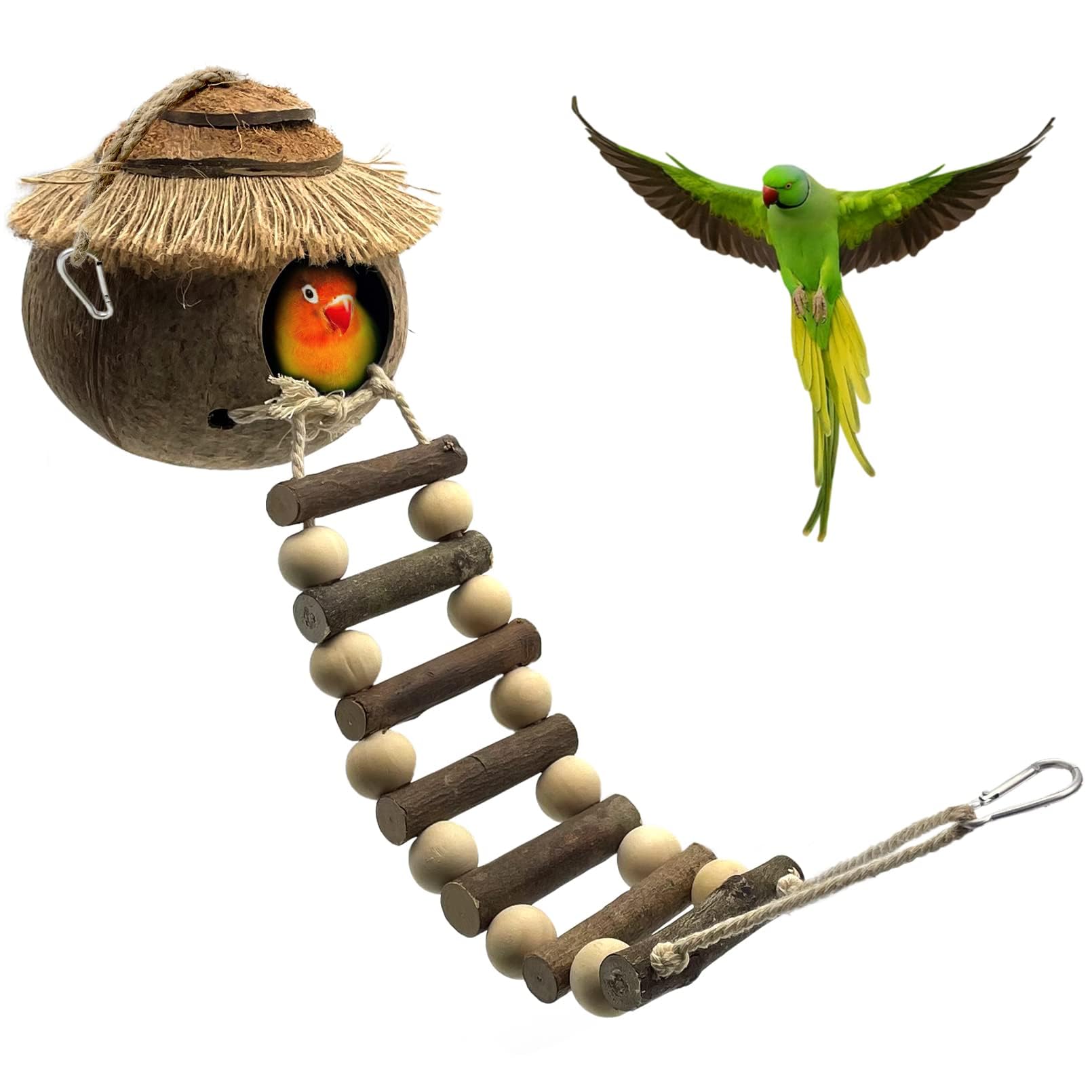 kathson Hanging Bird House with Ladder Natural Coconut Fiber Birds Nest Coco Shell Hideaway Lovebird Swing Toys Parrot Cage Accessories for Parakeet Finch Parrot Canary