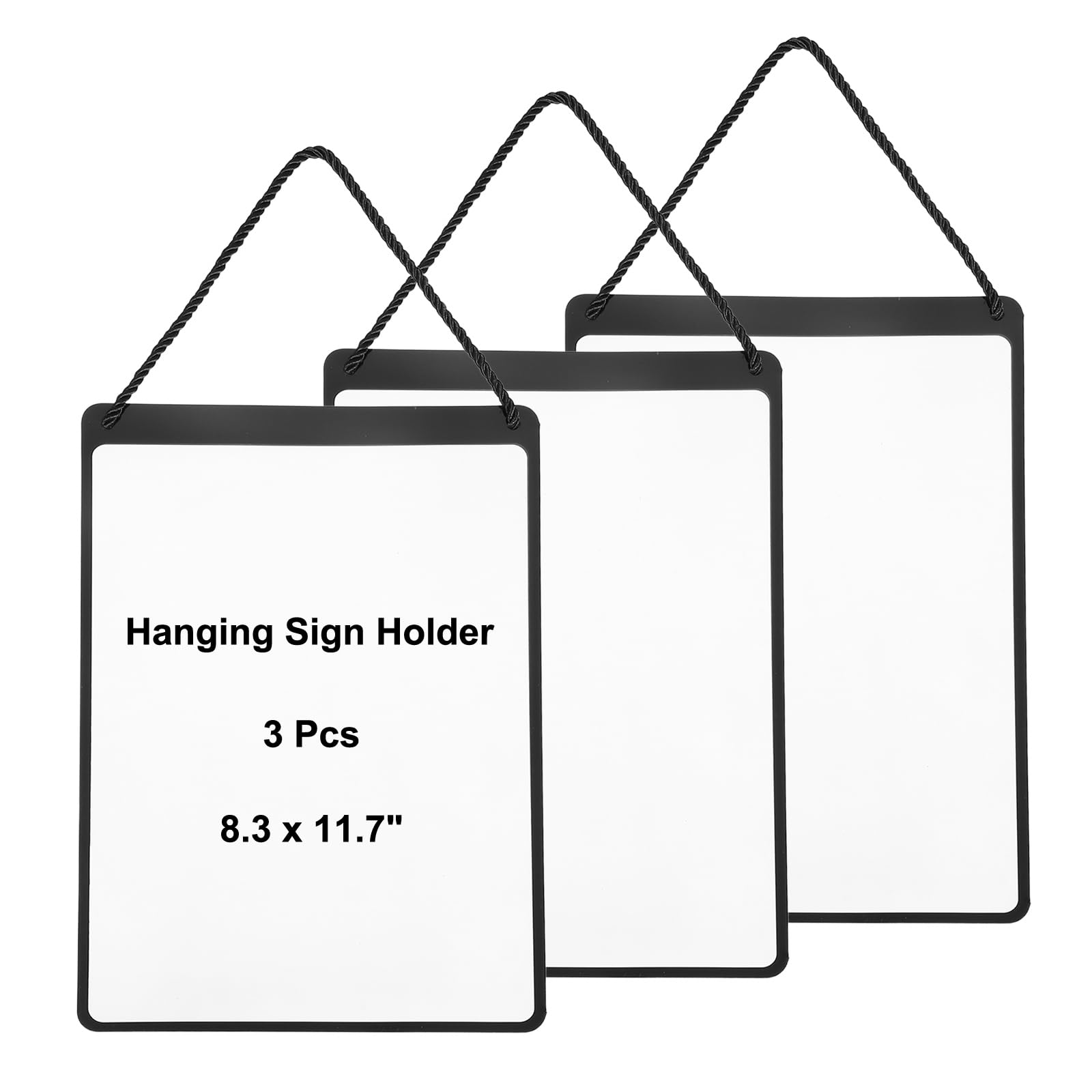PATIKIL 3 Pcs Hanging Sign Holder, A4 Vertical 8.3 x 11.7 Inch Advertising Plastic Signage Display Clear Holder Frame for Retail, Supermarket, Cloth Store, Office Posting, Black