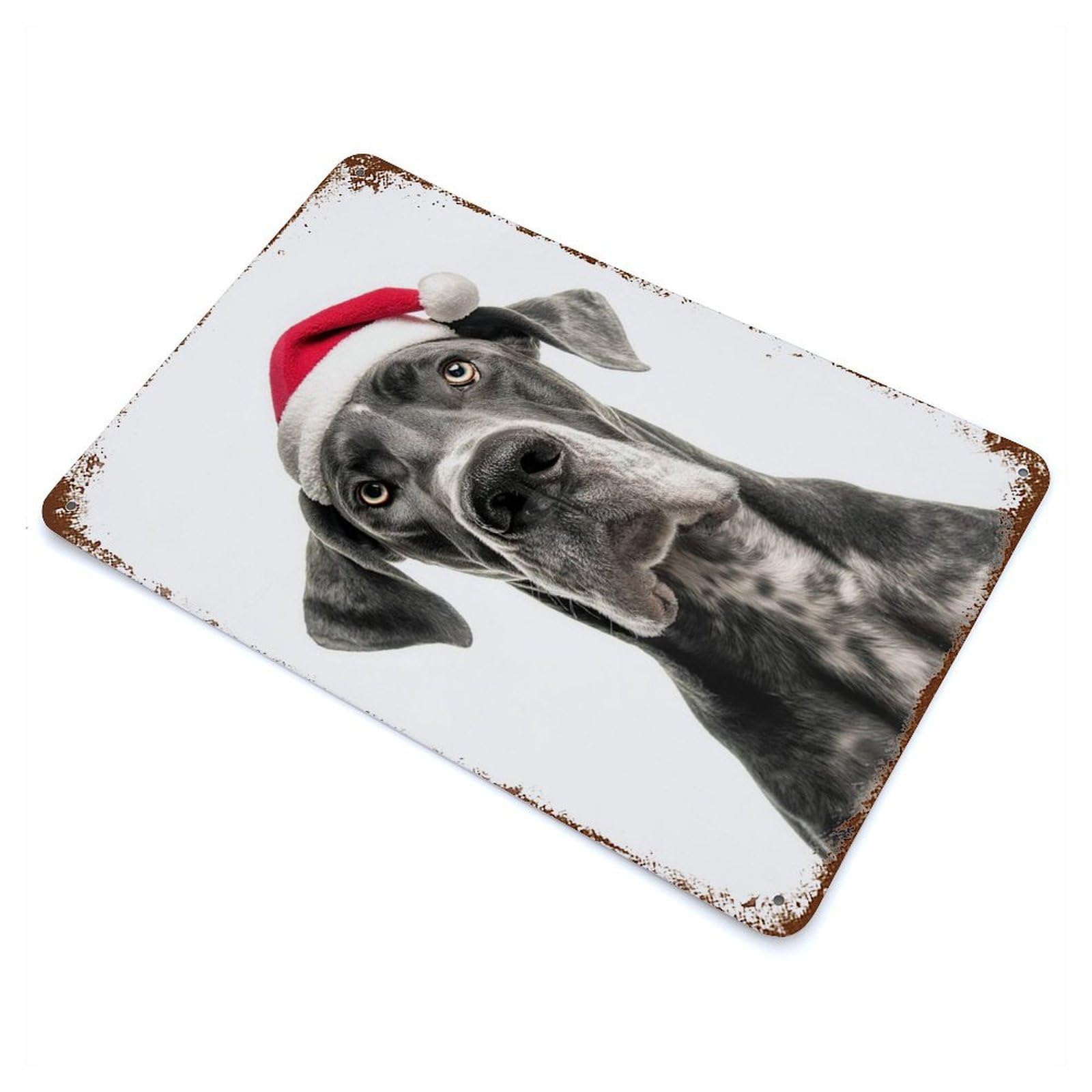 Distressed Metal Wall Sign Great Dane with Santa Hat 11.8"x7.9", Vintage Wall Decor for Garage, Bar And Workshop Decor