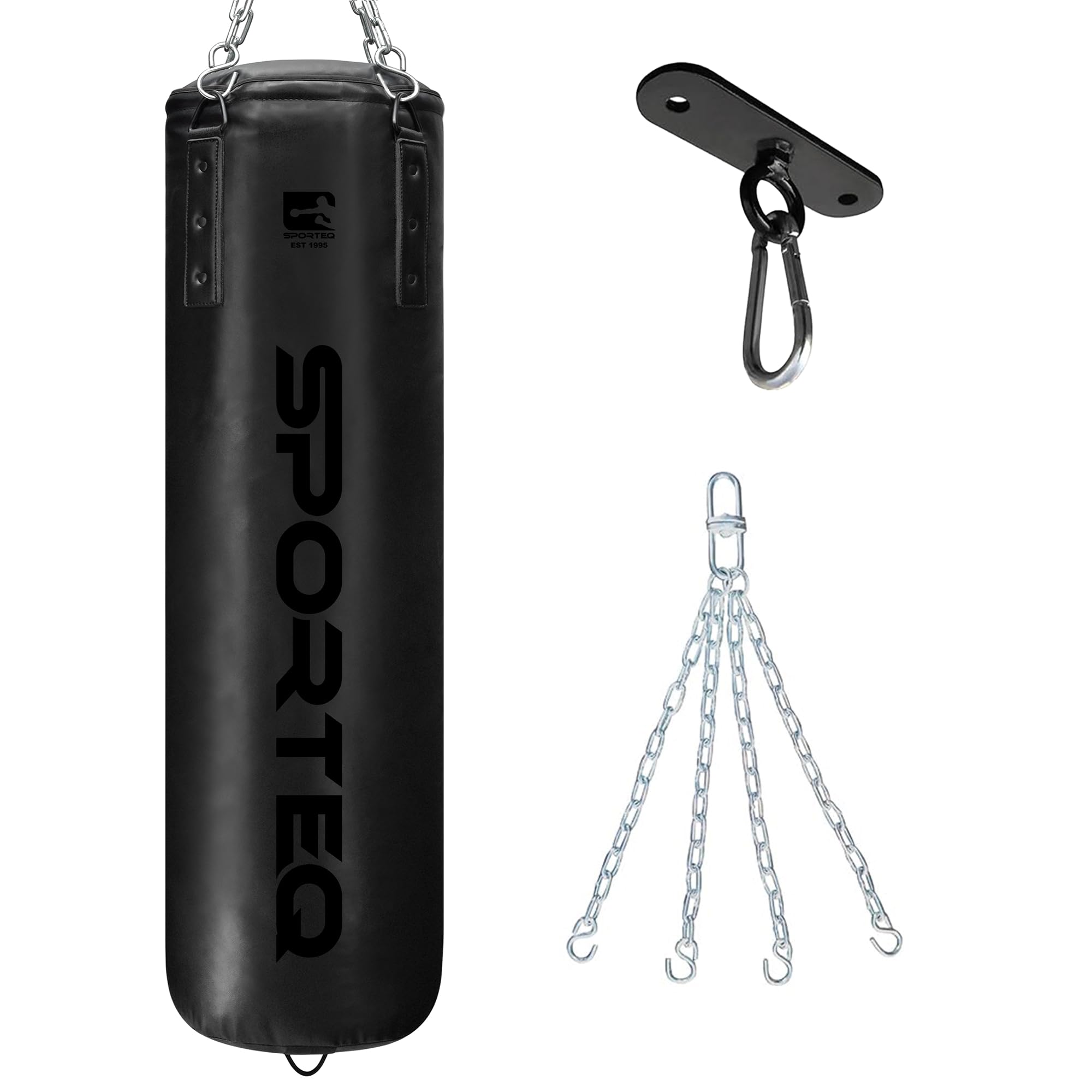 Sporteq Dyno Heavy Filled Punch Bag 3FT, 4FT & 5FT for All Ages & Genders | Punching Martial Arts Kickboxing Muay Thai Karate Boxing | Home & Commercial Gym Use (Matt Black, 4FT)