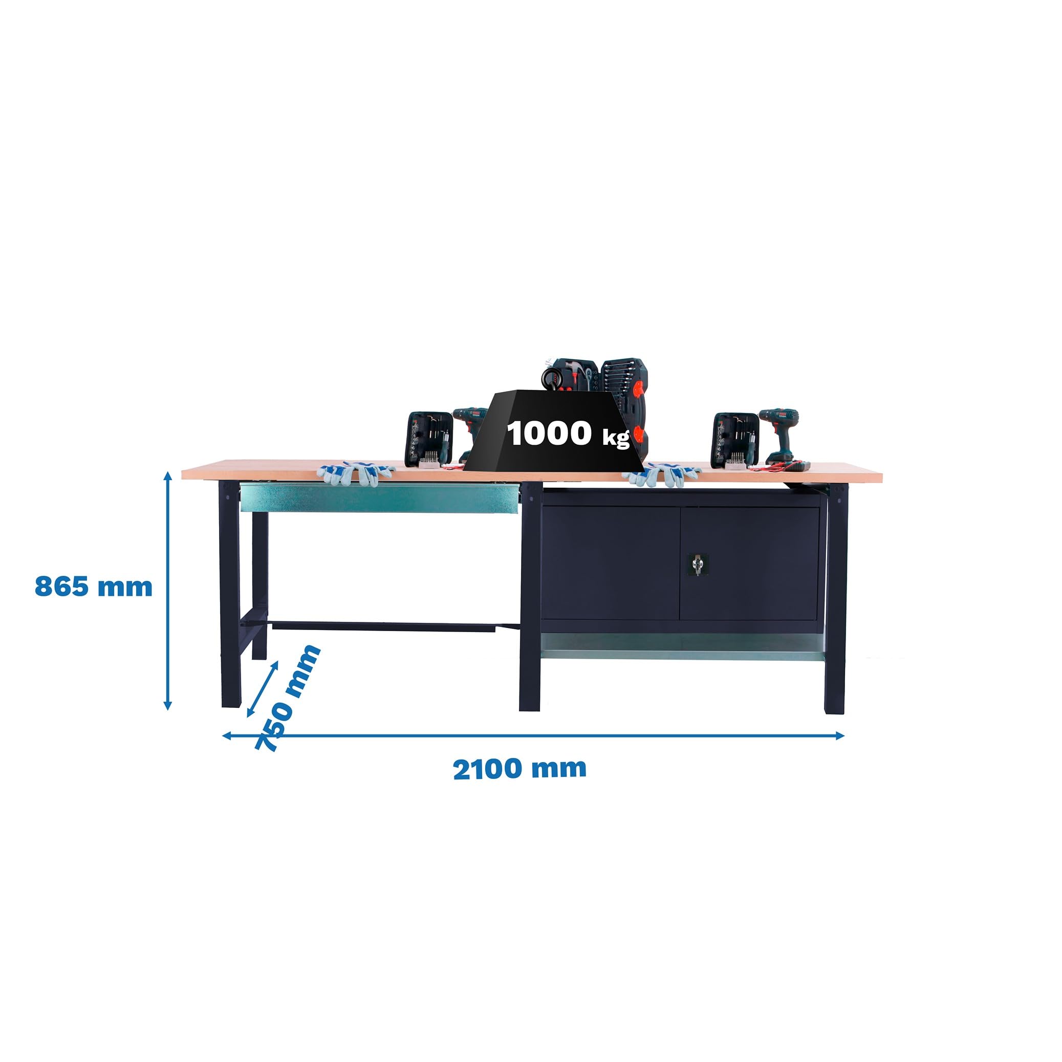 SimonRack Banco de Trabajo Taller Doble, Capacidad Carga 1000 kg, 865x2100x750 mm, 1 Cajón, Guarda Herramientas, Mesa de Trabajo, Antracita/Haya - BT6 PRO