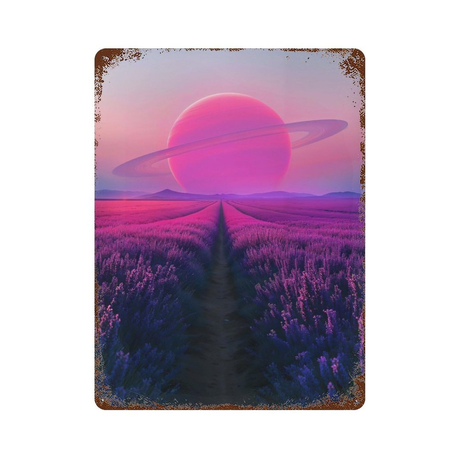 Purple Fields of Eternity 15.7"x11.8" Rust Effect Tin Sign, Industrial Home Decor for Living Room, Hallway And Home Decor