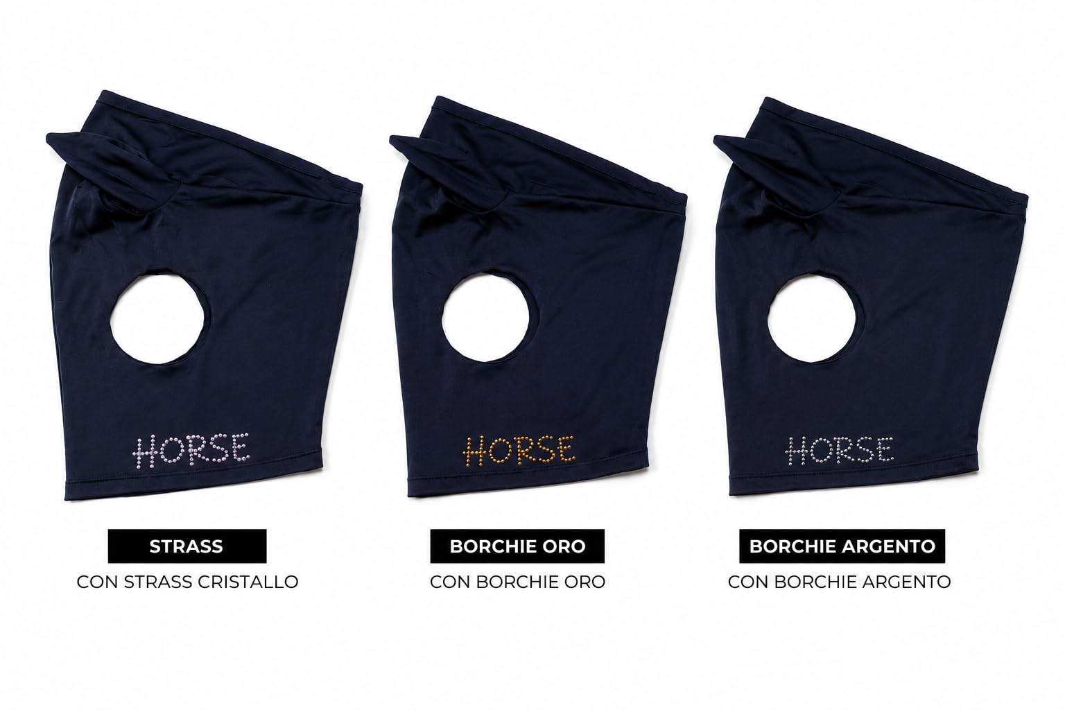 Maschera Anti Mosche Cavallo Personalizzabile con Nome in STRASS o BORCHIE – Lycra Elasticizzata con Orecchie – Mod. Paddock – 100% Made in Italy - COB/M