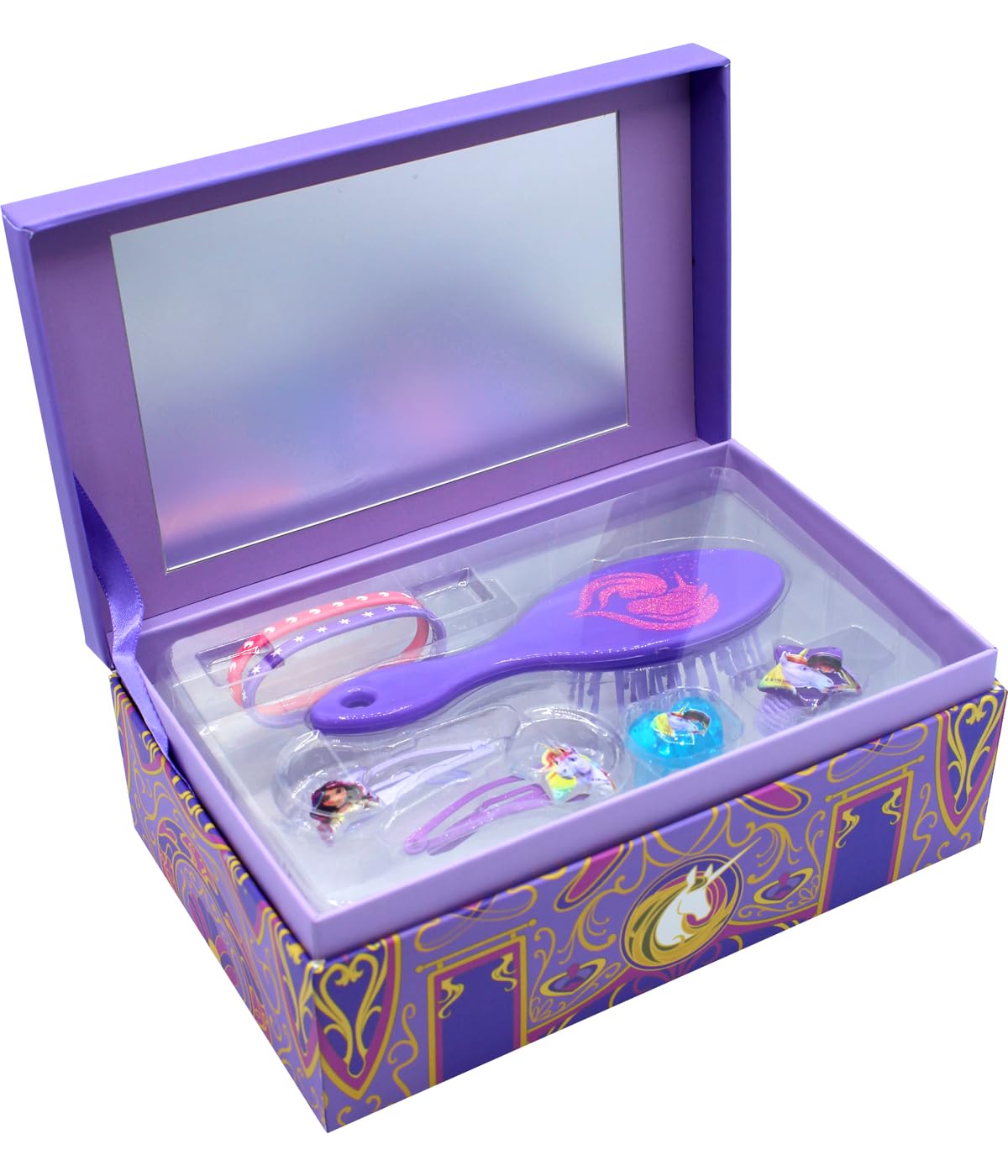 Joy Toy - Unicorn Academy Schmuckschatulle mit Accessoires: 2 Haarspangen, 1 Ring, 1 Zöpfchenhalter, 2 Elastikbänder, 1 Haarbürste für Kinder