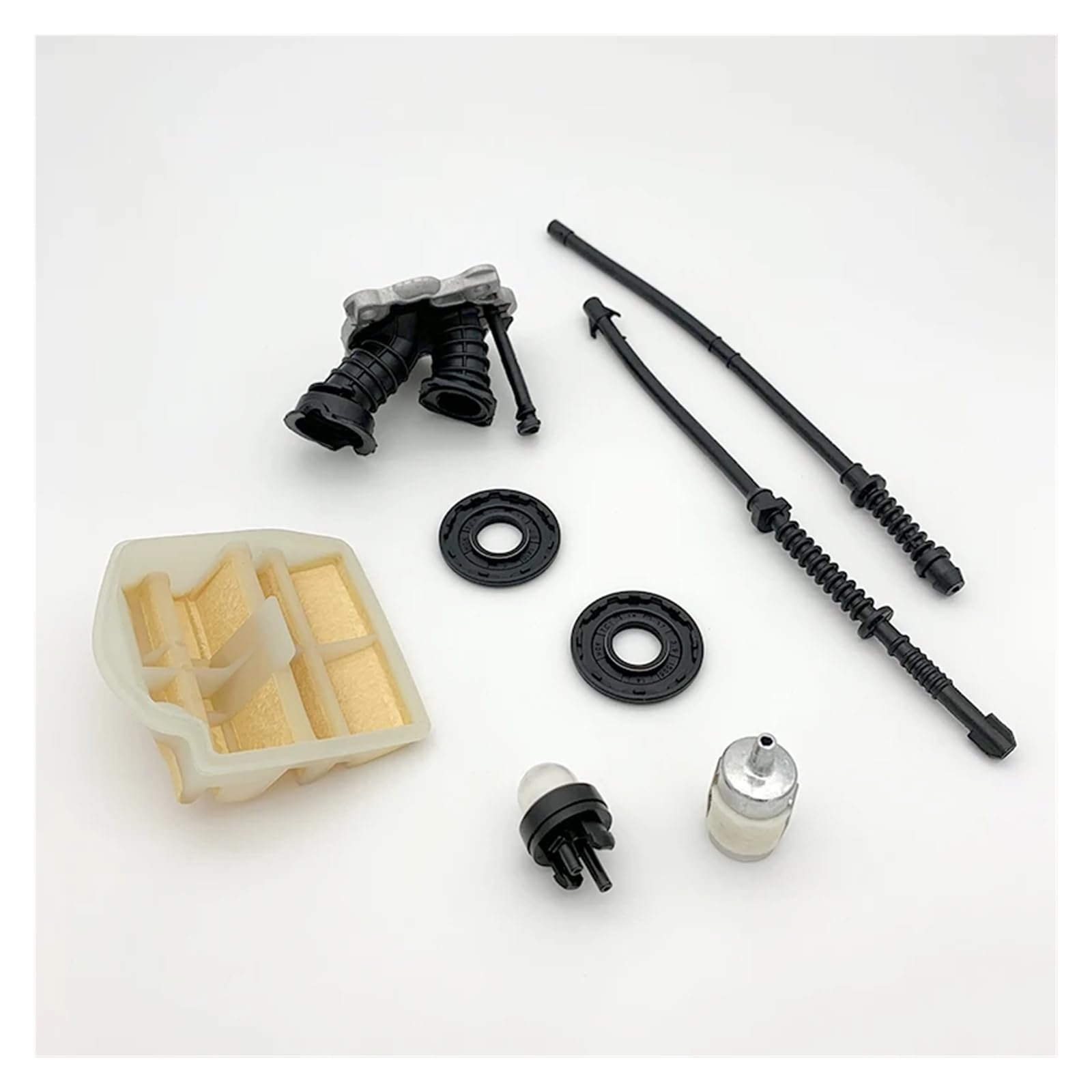 Compatible con motosierra de gasolina HUSQVARNA 450, 445 E, 450E y 445E. Piezas 544082301: filtro de aire, colector de admisión, línea de retorno de combustible y gas, manguera y filtro.