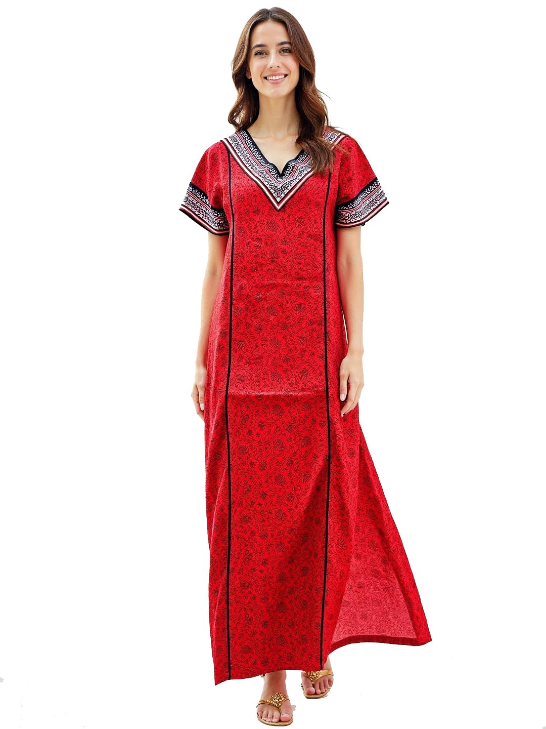 evolove Cotton Nighty Maxi for Women with Side Pocket | V-Neck Printed Short Sleeves Full Length Night Wear Gown-picture-13