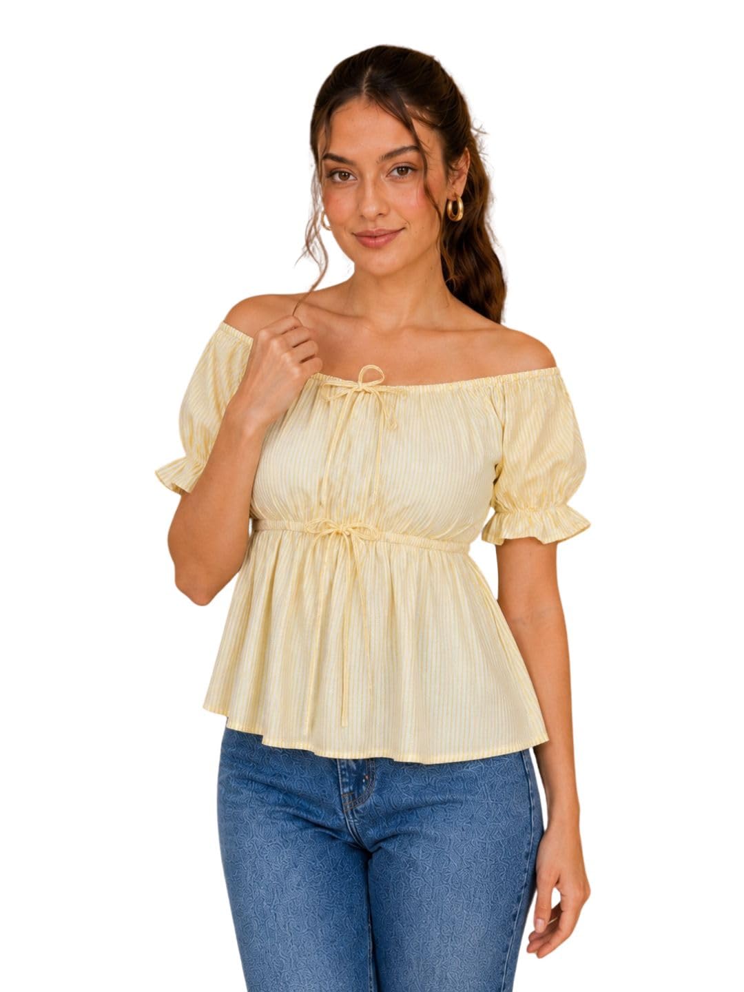 Women's Striped Puff Sleeve Babydoll Peplum Top with Tie Neck Smocked Waist Blouse-picture-10