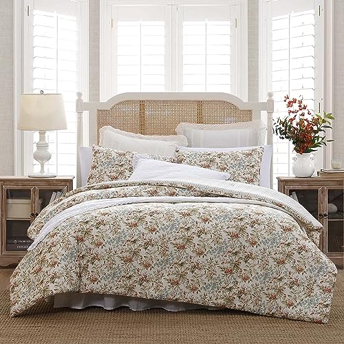 Image of Laura Ashley - Queen Comforter Set, Reversible Cotton Bedding with Matching Shams, Floral Home Decor with Plaid Reverse (Bramble Floral Beige, Queen)
