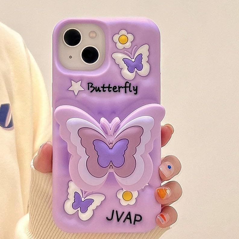 Image of COVERLY for iPhone 12 Pro 3D Butterfly Cartoon Pop Case,Premium Silicone Case Love Lavender Color with Phone Holder Cool Full Protective Cute Kawaii Aesthetic Cover for Apple iPhone 12 Pro