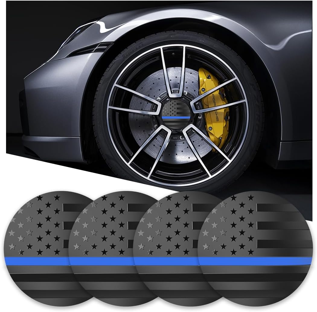 4PCS American Flag Car Wheel Center Caps, 56mm Vehicle Hub Caps Covers for Rims, Waterproof Dustproof Automotive Exterior Decals Accessories Universal for SUV, Truck, RV（Black/Blue）
