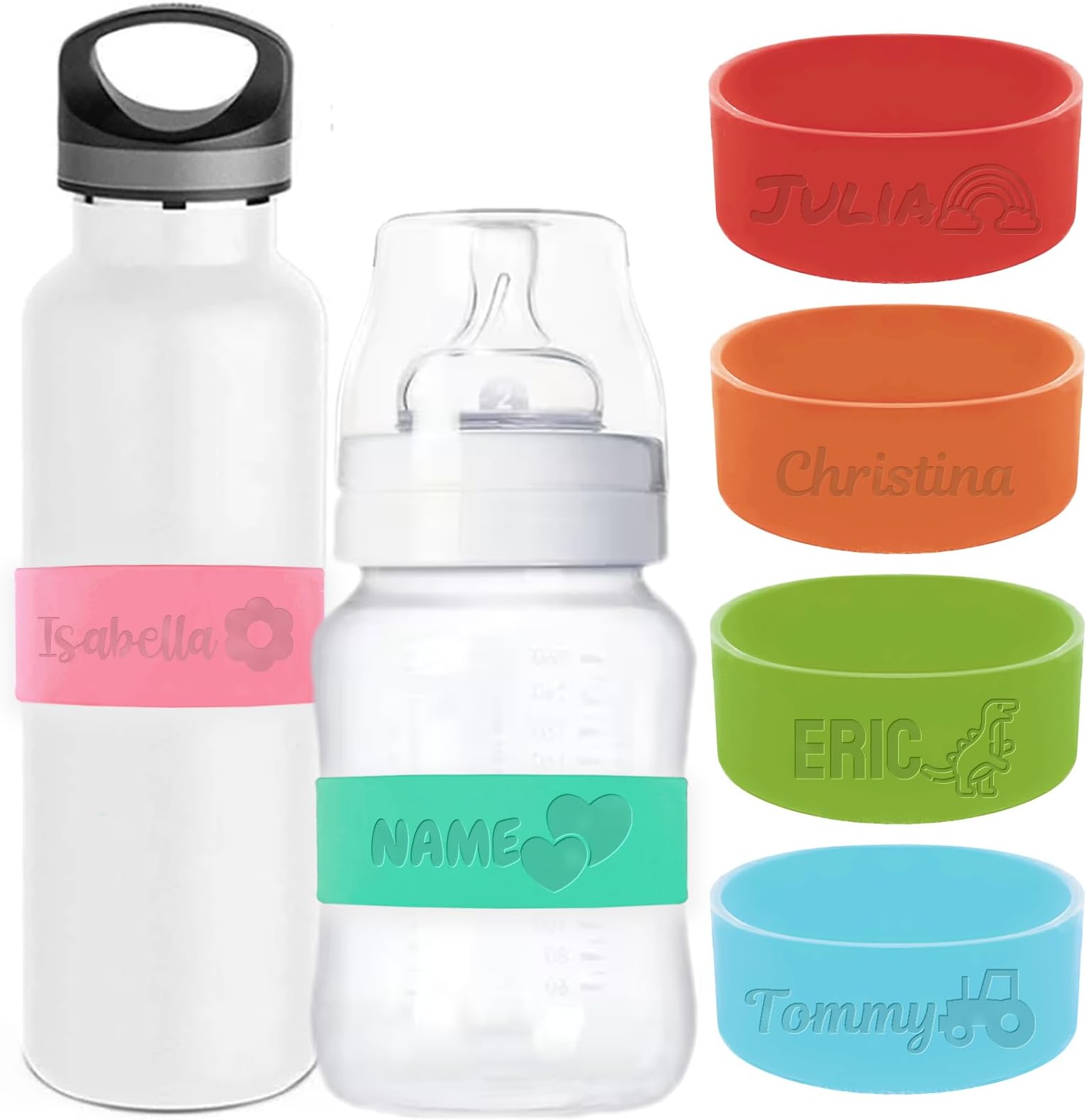 Personalized Water Bottle Name Bands Custom Engraved Silicone Labels with Name Reusable Baby Bottle Straps for Daycare School-Engraved Name