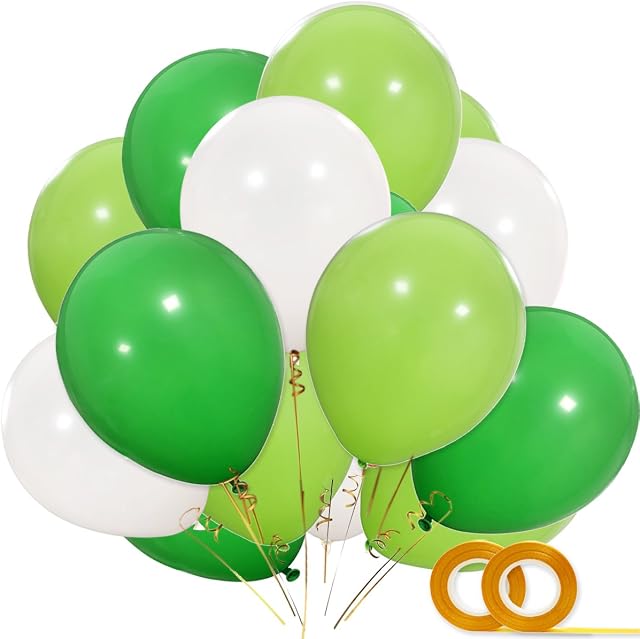 Haptda Dinosaur Party Balloons 100pcs 12 Inch White Fruit Light Green Dark Green Latex Balloons with Ribbon for Dinosaur Party Supplies, Baby Shower, Dino Jungle Jurassic Birthday Party Decorations