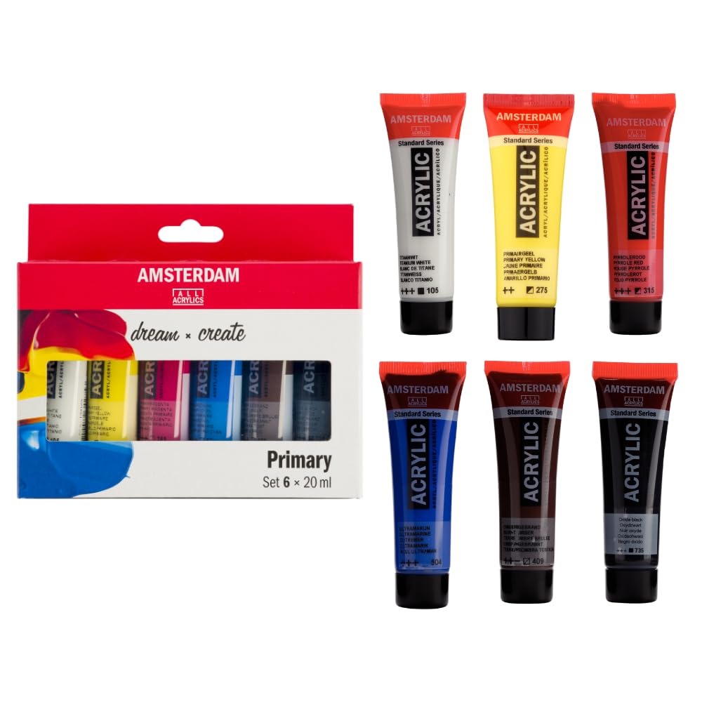 Standard Series Acrylic Paint Set | Color Theory Mixing Set (6 x 20 ml Tubes) | Primary Colors + Black, White & Umber