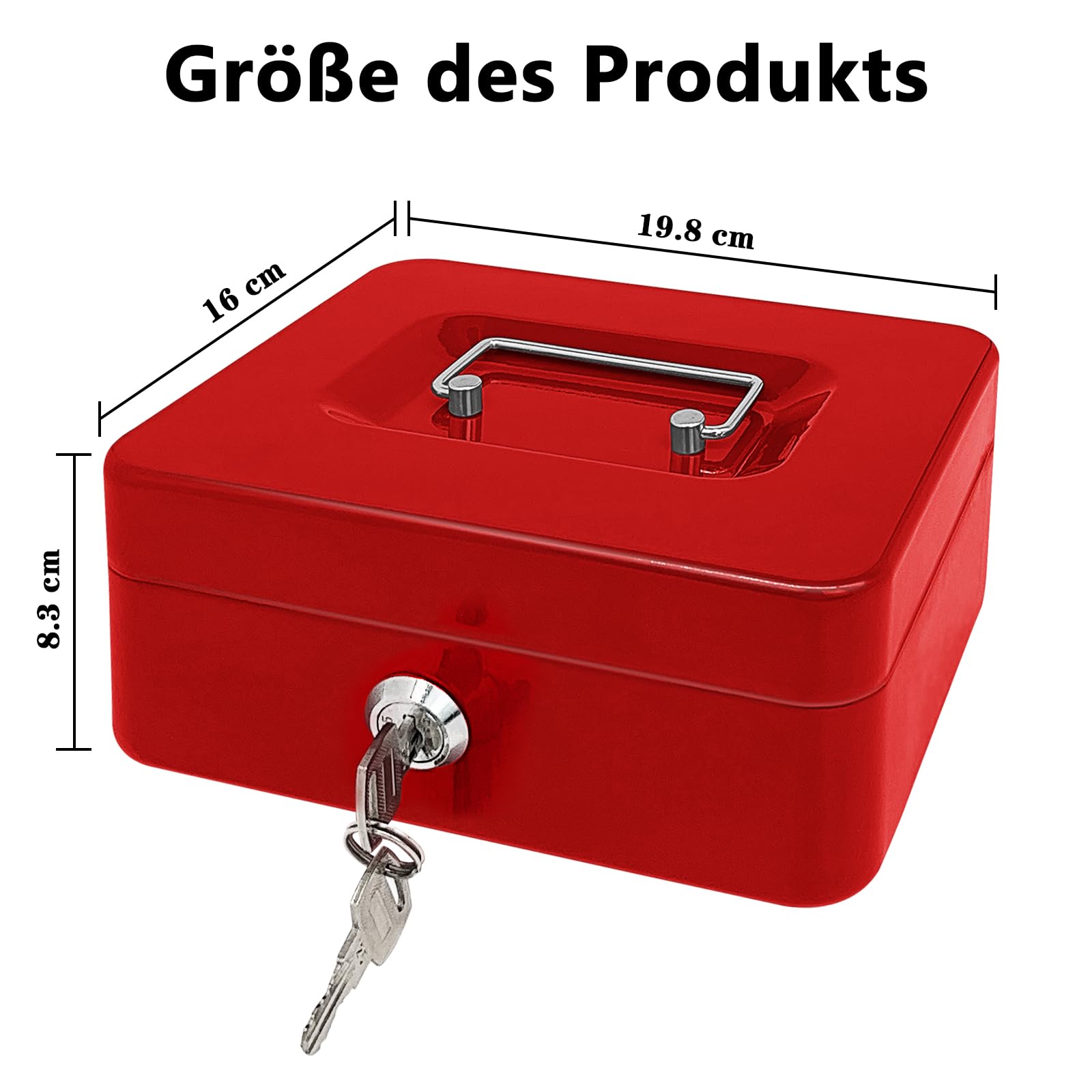 Stahlkassette mit Schlüsselschloss, Metall-Geldkassette mit Geldfach, Geldaufbewahrungsbox mit abschließbarem Deckel (Rot, 20 * 16 * 8.5 CM)