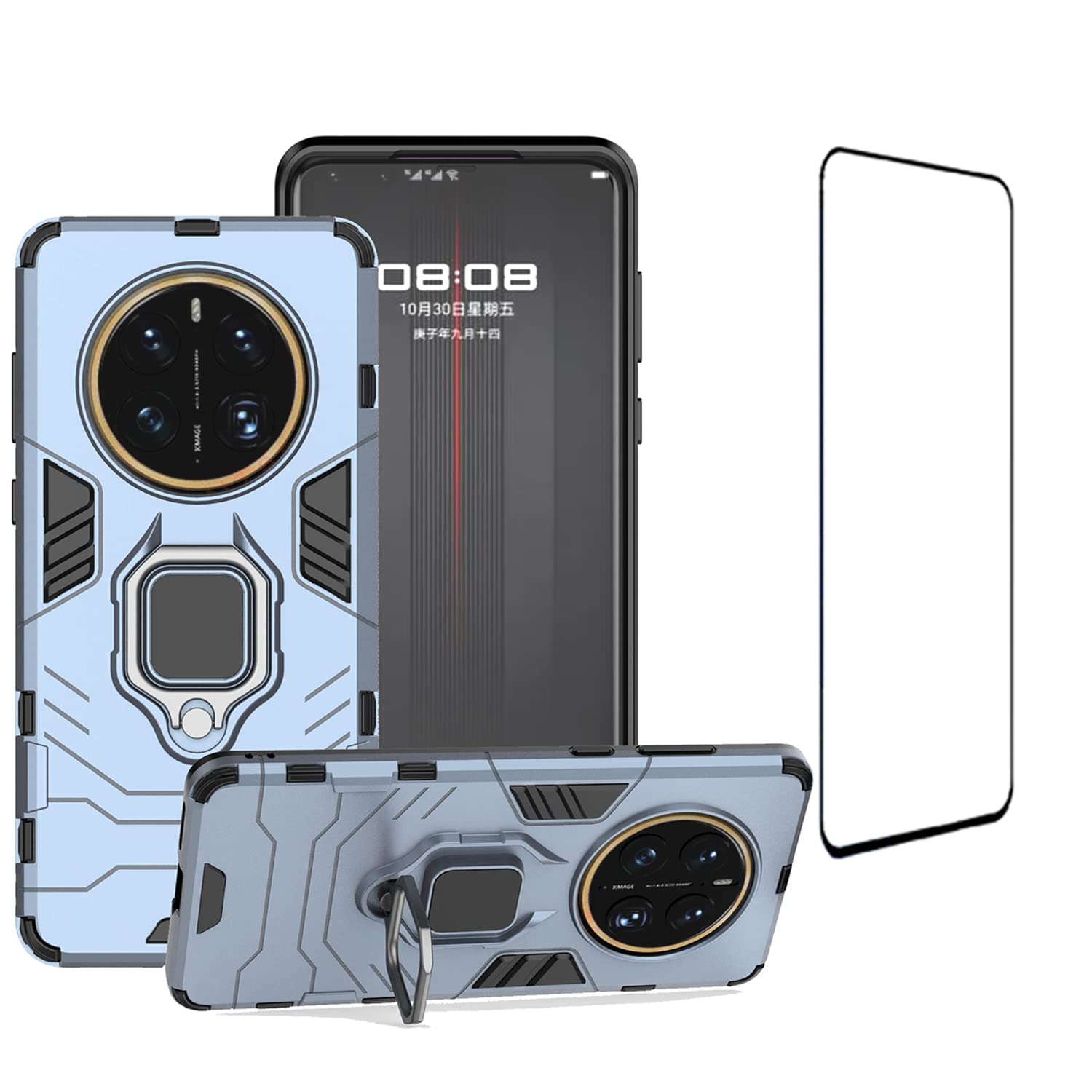 [1+1] Case for Huawei Mate 50 Pro, Hybrid Rugged Heavy Duty Dual Layer Anti-Scratch Magnetic Ring Kickstand Case with Tempered Glass Screen Protector (1pcs) (Huawei Mate 50 Pro, Armour Blue)