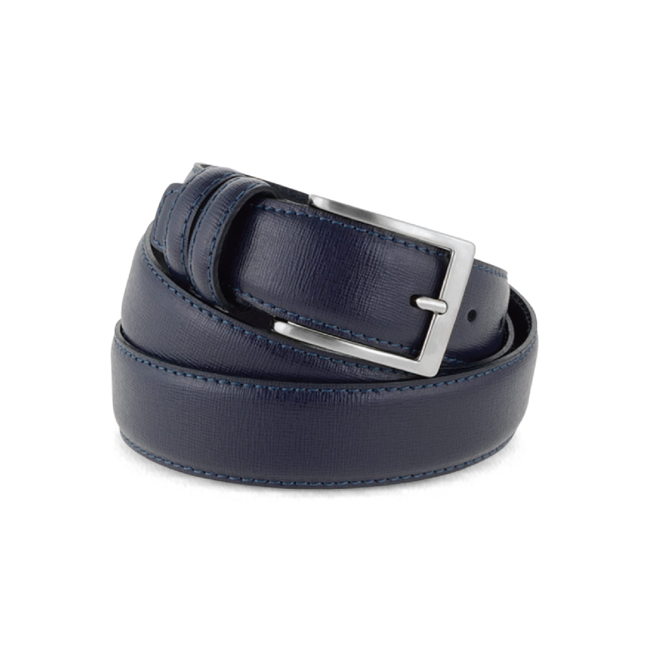 Emila Cintura uomo blu in vera pelle di vitello Cinta nera 3,5 cm per jeans artigianale classica Casual con fibbia e cuciture ai Bordi Belt Leggermente Bombata Vera Pelle Blu