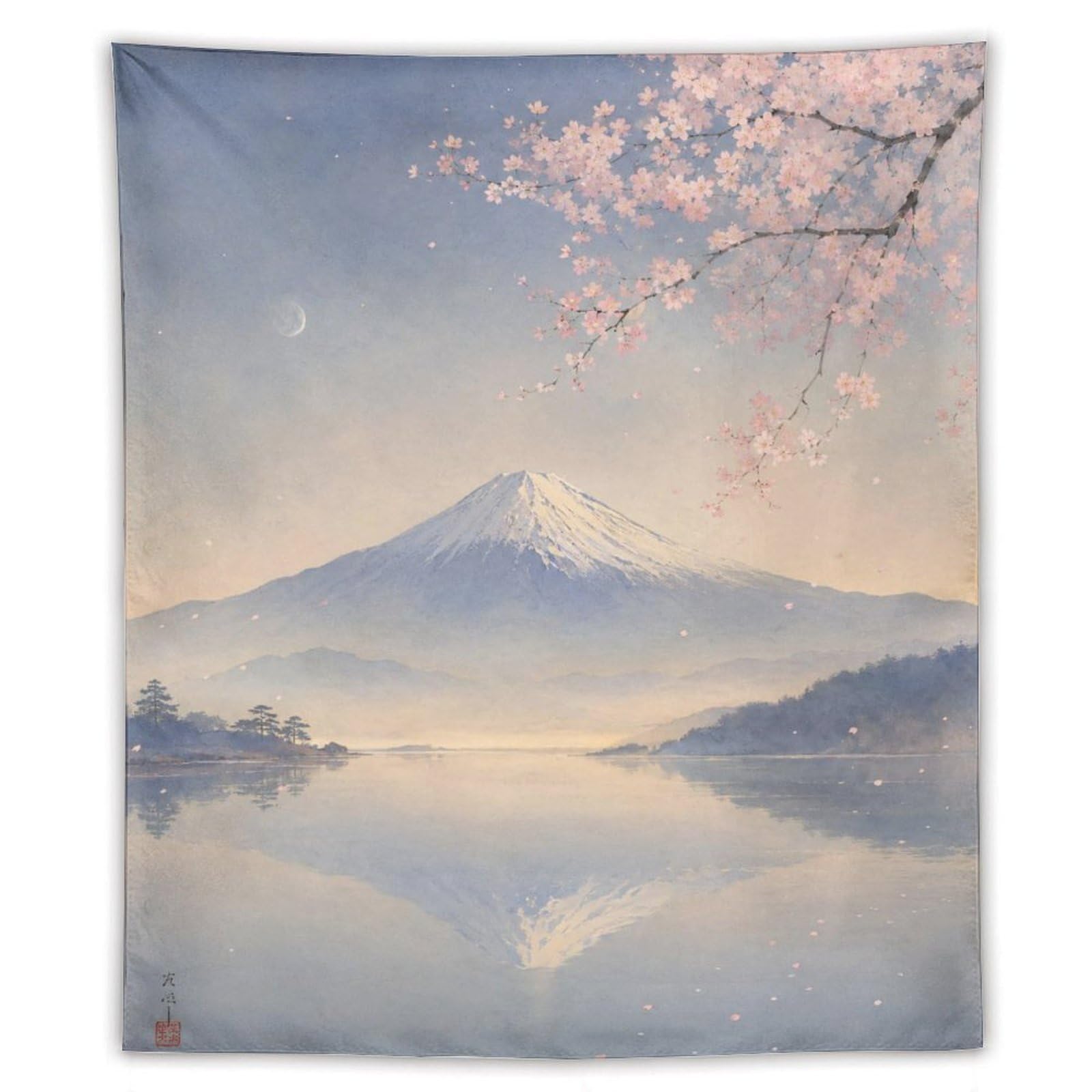 W7C8U2X3 Mount Fuji Lake Reflection Wall Tapestry, Ukiyo-e, Cherry Blossom
