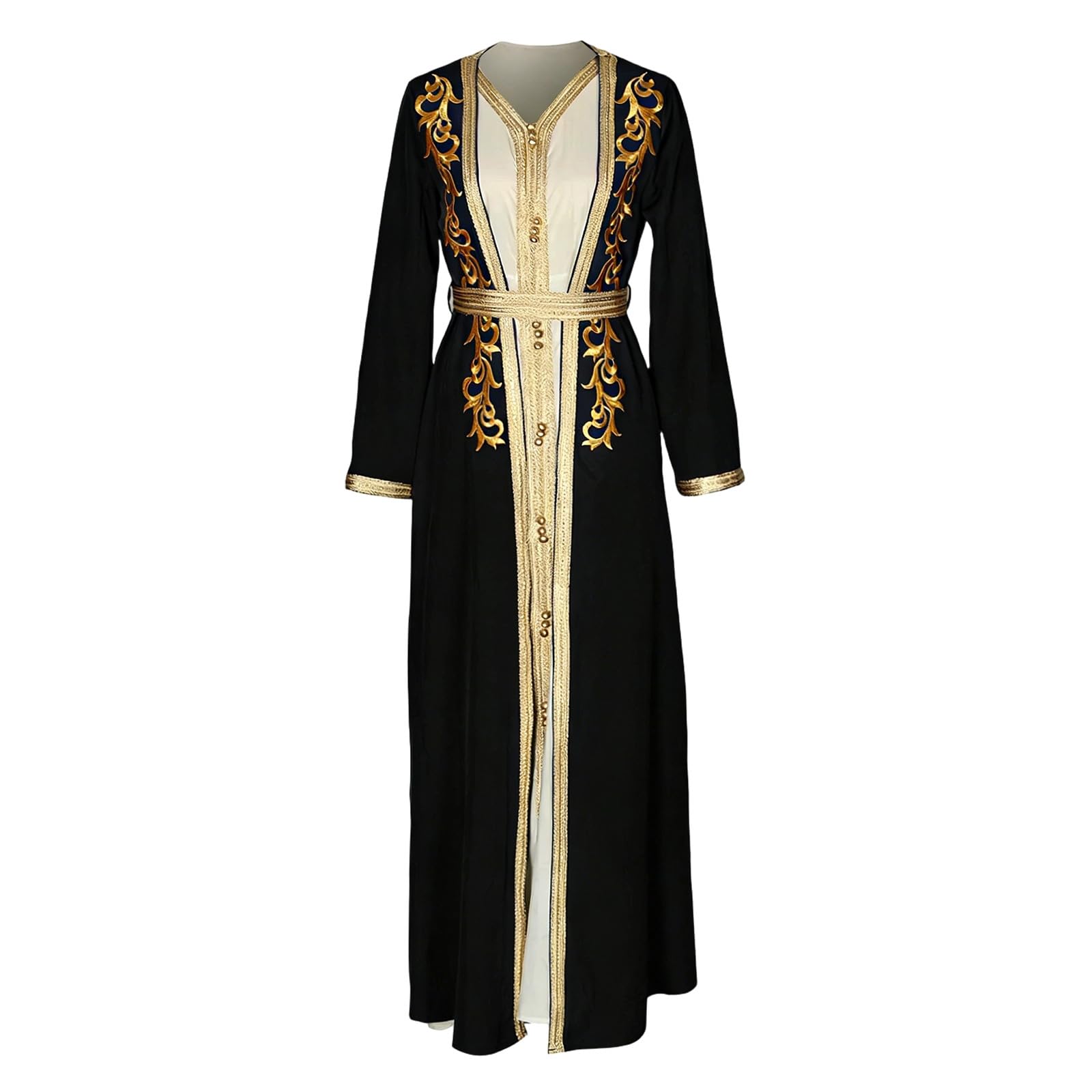 Abaya Mujer Elegante 2 Piezas Con Bordado Dorado Y Cinturón Árabe Musulmán Dubai Traje Islam Marruecos Vestido Ramadán Fiesta Boda Noche Marruecos Vestidos Marroquíes