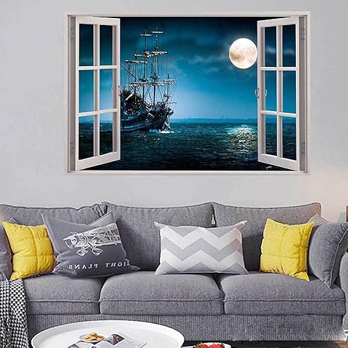 Miniatura 2 de YOWOCAL Adhesivo de pared falso 3D para ventanas, extraíble, barco pirata, barco, océano, luna, calcomanías de pared para ventanas de niños,