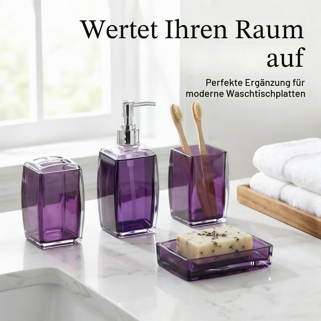 5-teiliges Badezimmerzubehör-Set aus Kunstharz/Acryl, Lotion/Seifenspender, Seifenschale, Zahnbürstenhalter, Becher, WC-Bürste und Halter, modernes Badezimmer-Dekor und Geschenk-Set, Violett