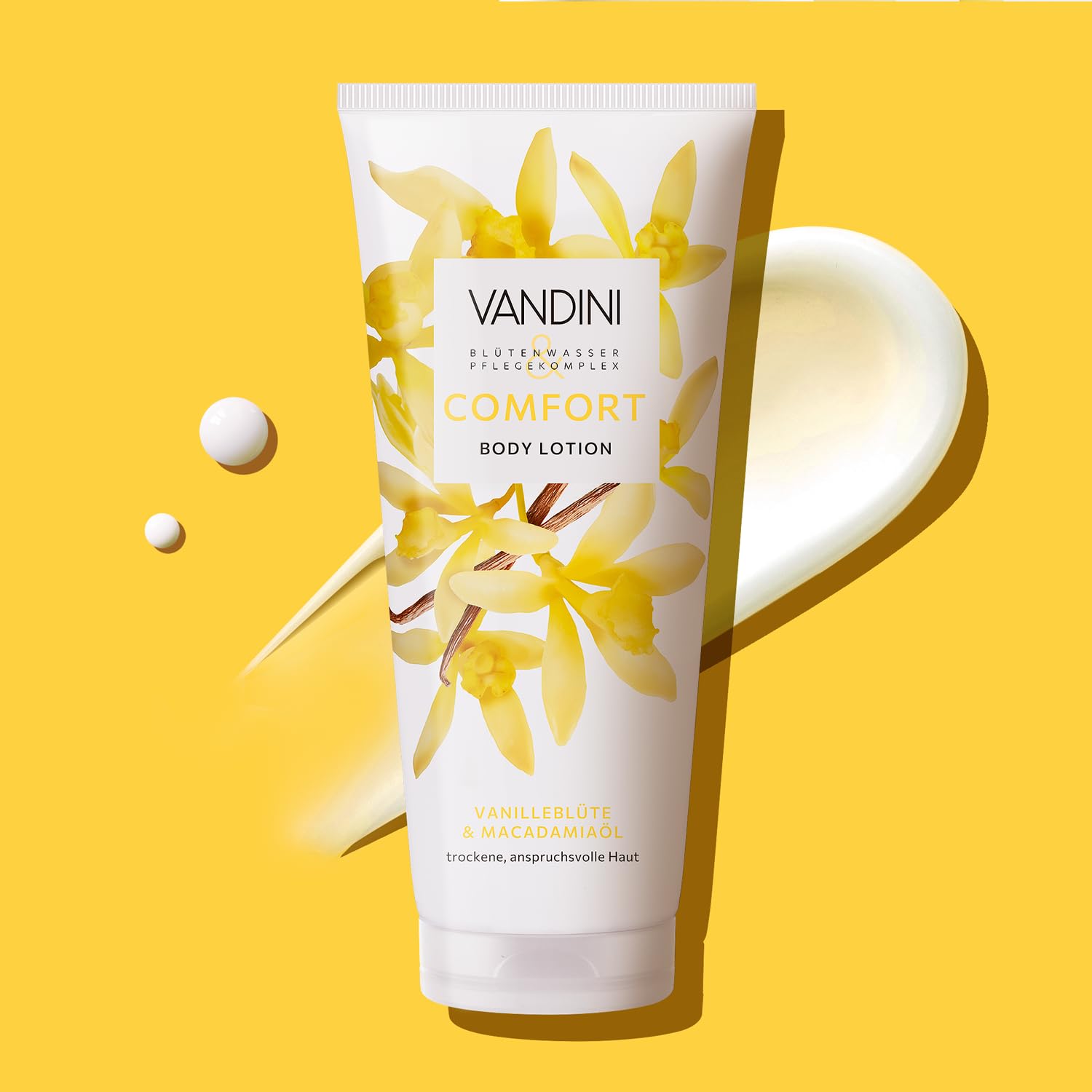 VANDINI 6 x COMFORT Balsam do ciała dla kobiet, 200 ml, z kwiatem wanilii i olejkiem makadamia – balsam do ciała do suchej, wymagającej skóry – wegański, bez parabenów i silikonów, Made in Germany