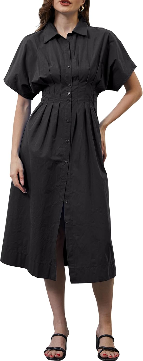 MSBESYOR Women Button Front Pleated Shirt Maxi Dress Summer Striped Prints Short Sleeve Collar Casual Long Dresses