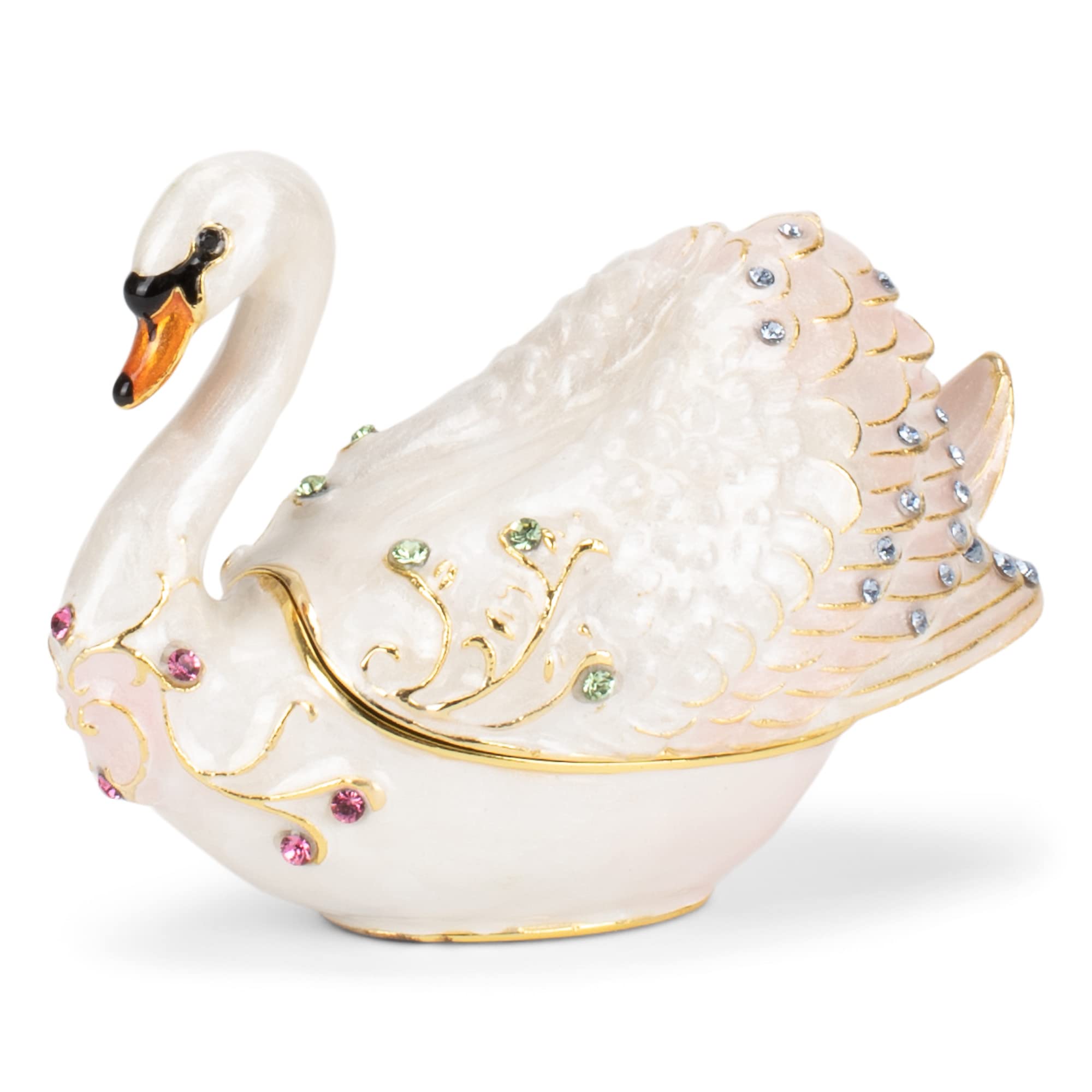 Cottage Garden Hand Painted Ornamental Jewelry Ring Necklace Earring Organizer Vintage Collectible Figurine Keepsake Box with Bejeweled Crystals, Beautiful Birds (White Luxurious Swan Bird)
